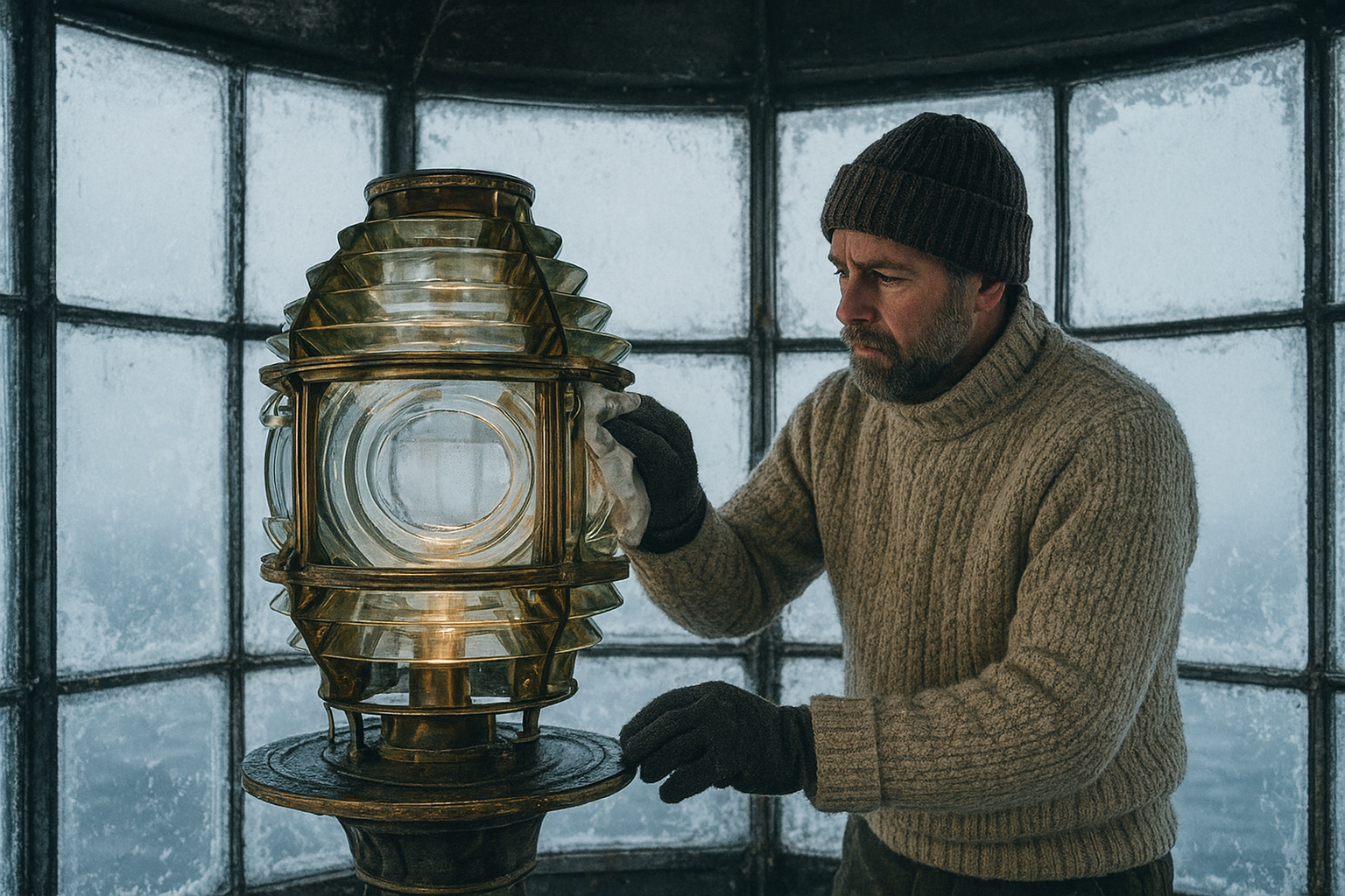 Lantern room maintenance during winter with frost on glass panes