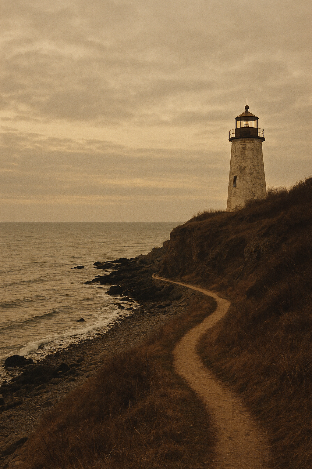 Tall documentary-style view of a rugged northern coastline with a lighthouse on a cliff and a winding shoreline path at dusk