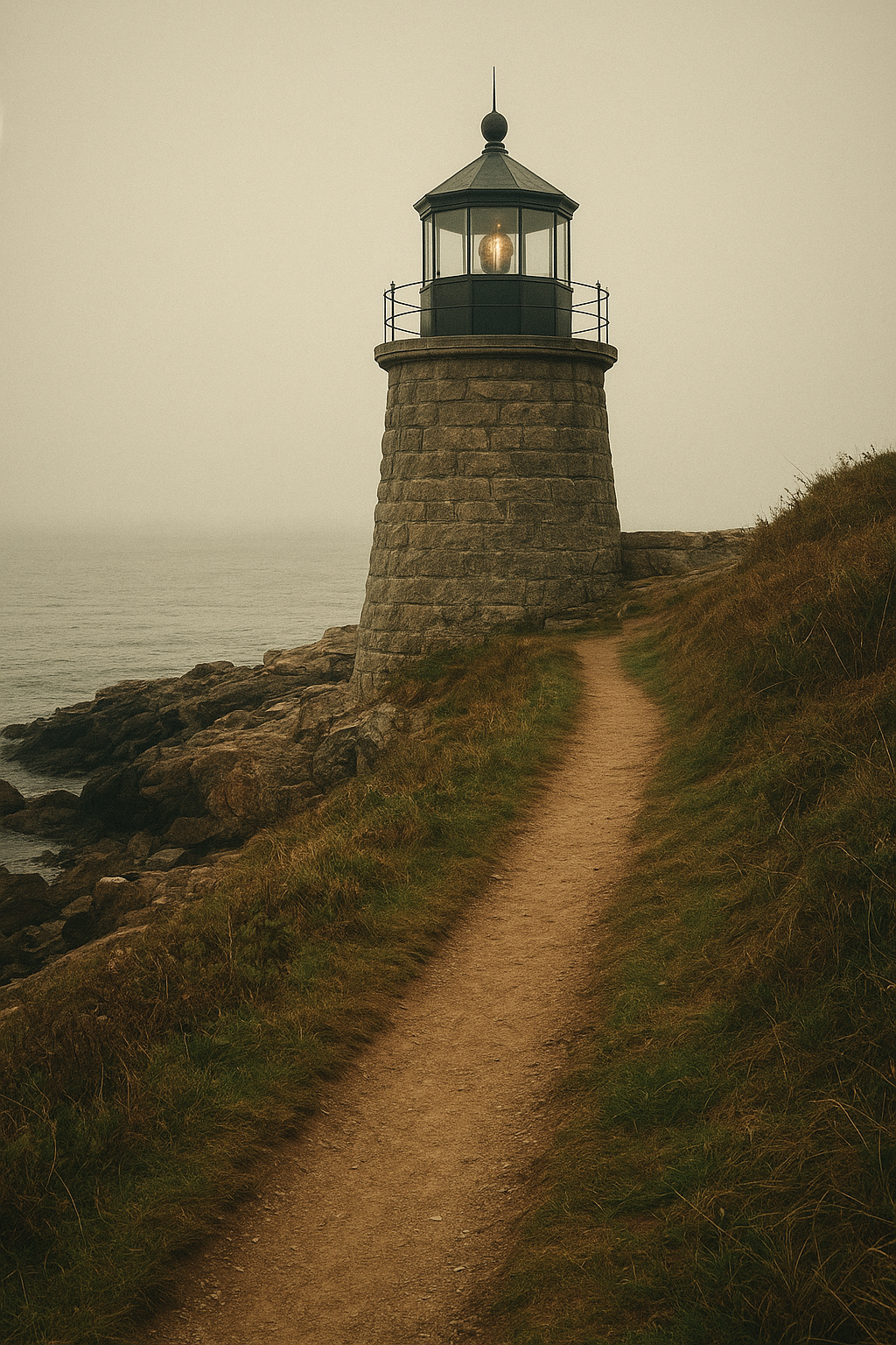 Archival coastal detail showing a lighthouse lantern room above weathered stone beside a narrow shoreline path in warm documentary light