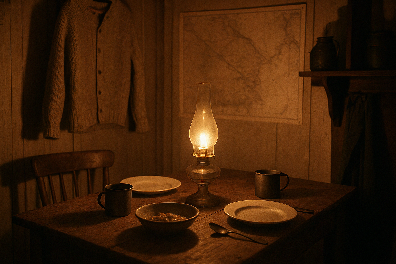 Warm evening scene in keeper quarters kitchen with oil lamp, charts, and family supper table