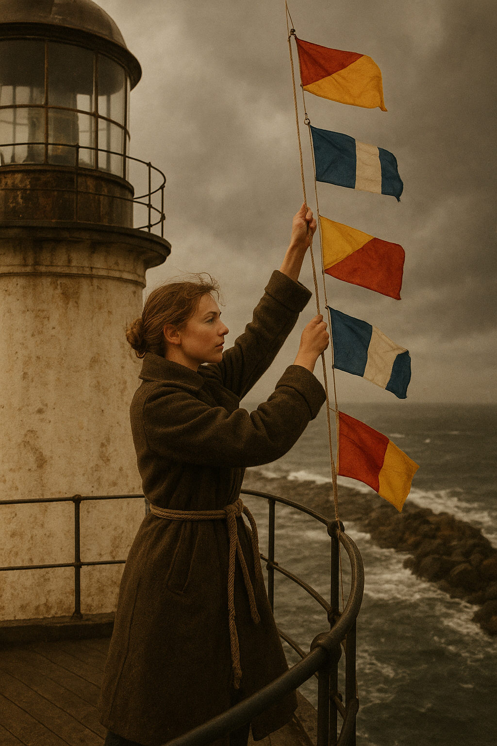 Keeper on lighthouse gallery raising maritime signal flags above a rough coastal breakwater