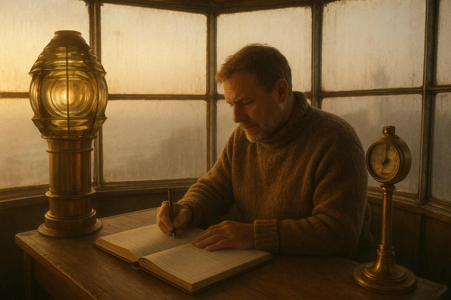 Early morning lighthouse interior with keeper writing in a logbook beside brass instruments