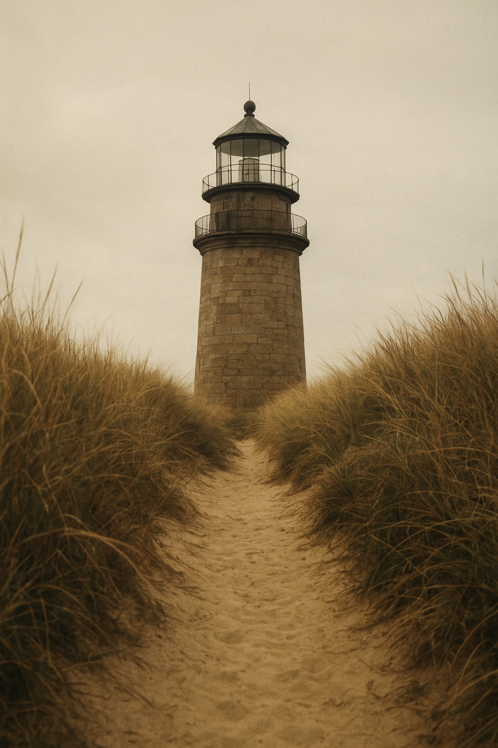 Documentary-style view of a preserved lighthouse on a coastal approach path with muted overcast light