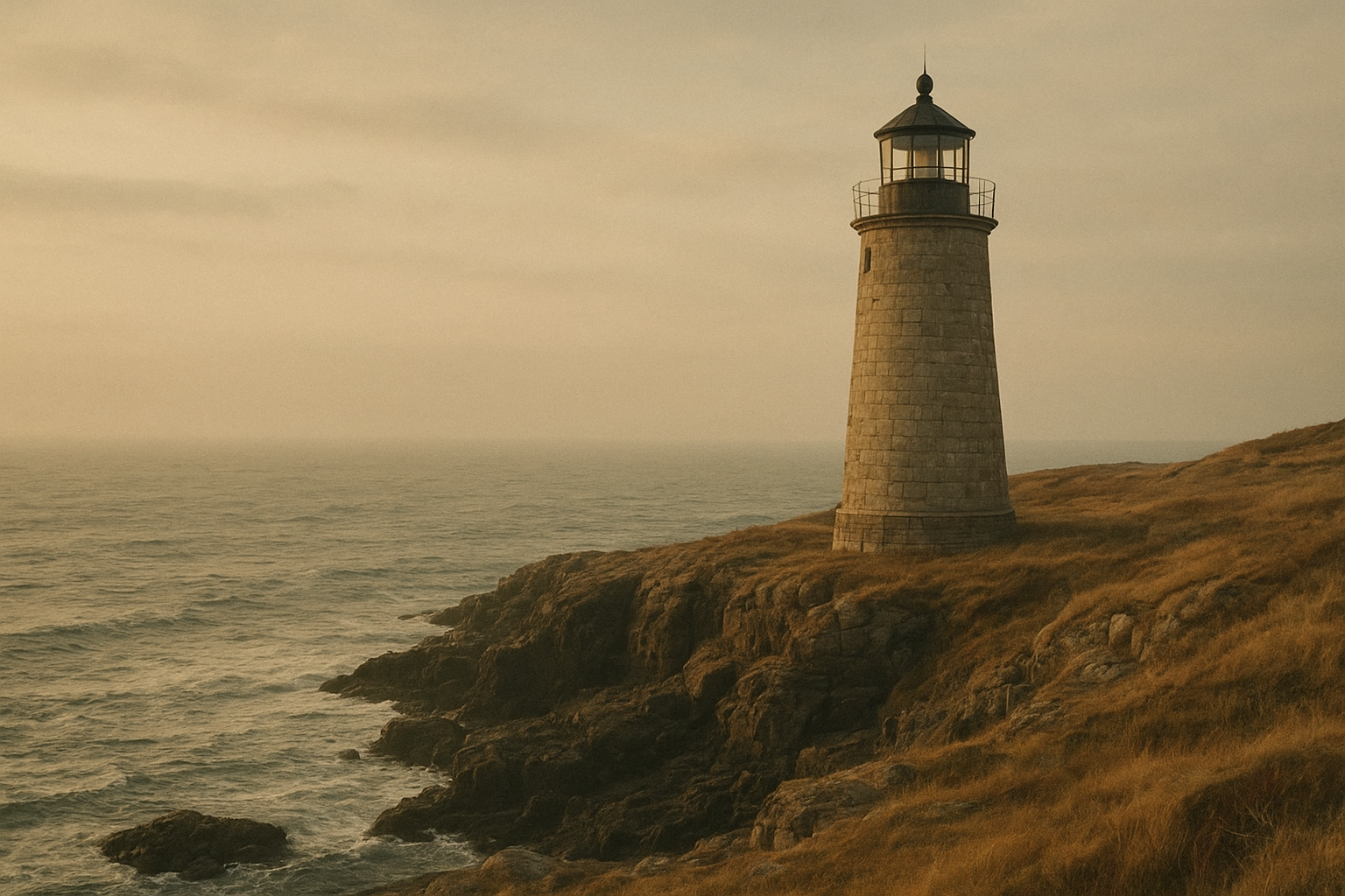 Warm film-inspired photograph of a solitary lighthouse on a rugged northern coastline at soft early-evening light, with textured sea cliffs and gentle haze over the water