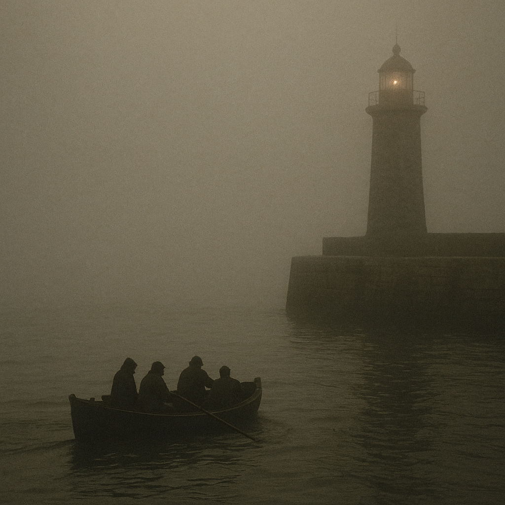 Small relief boat approaching a lighthouse pier through dense evening fog along the northern coast