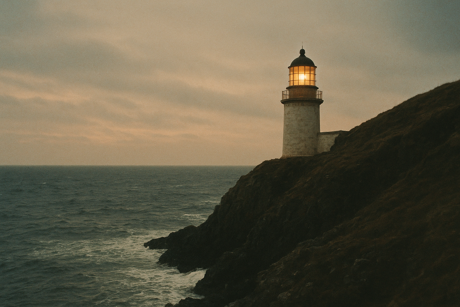 Harrow Point lighthouse on a dark cliff at dusk with a lantern room glowing above the sea