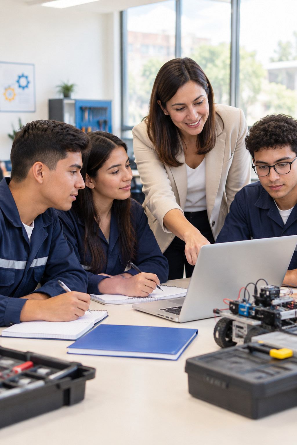 Estudiantes en aula técnica con instructora revisando una práctica de formación profesional