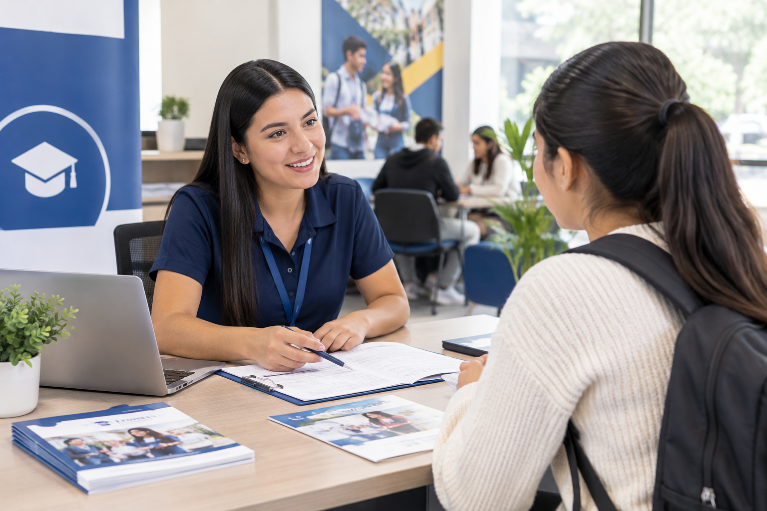 Orientadora académica brindando asesoría personalizada a aspirante en mesa de atención institucional