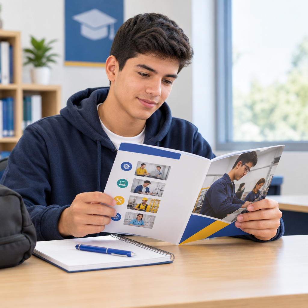 Estudiante joven revisando un catálogo académico impreso con programas técnicos en un escritorio