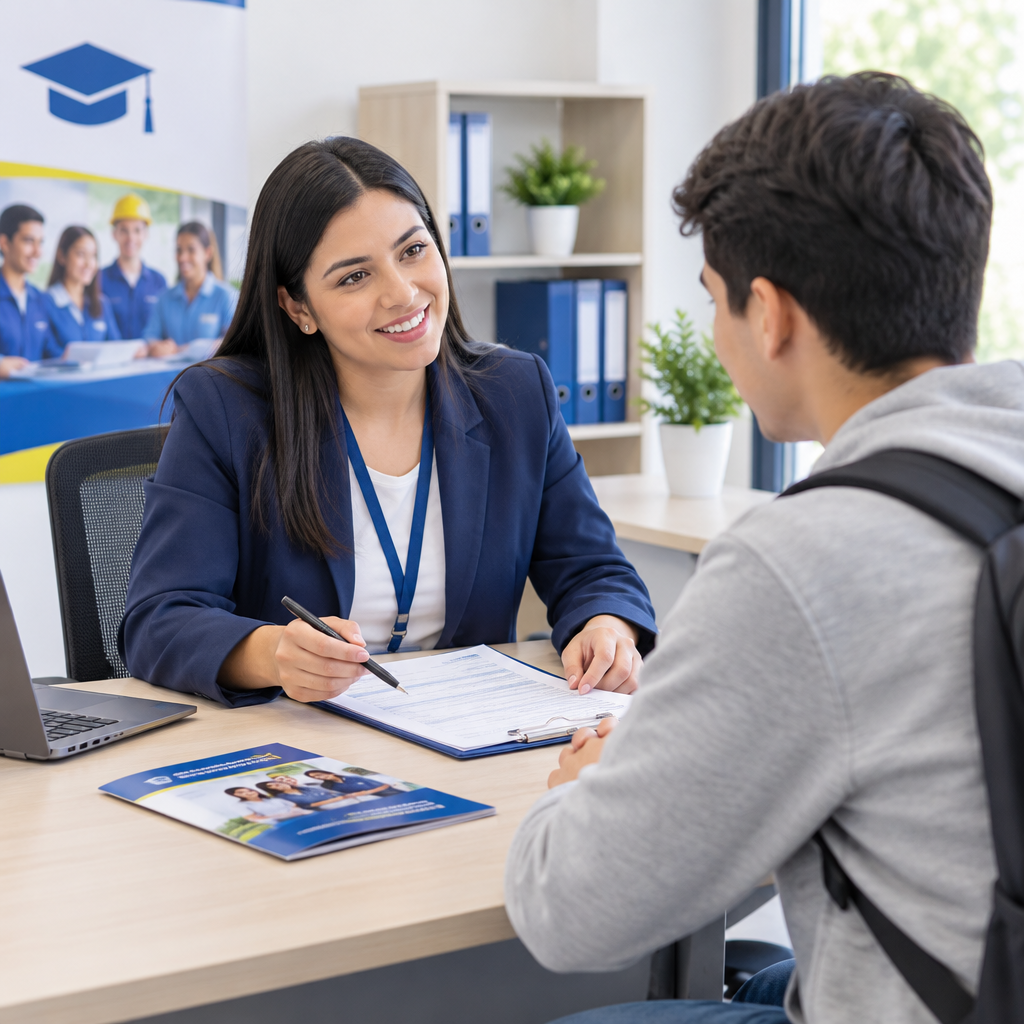 Asesora académica conversando con un aspirante en una mesa con documentos de admisión