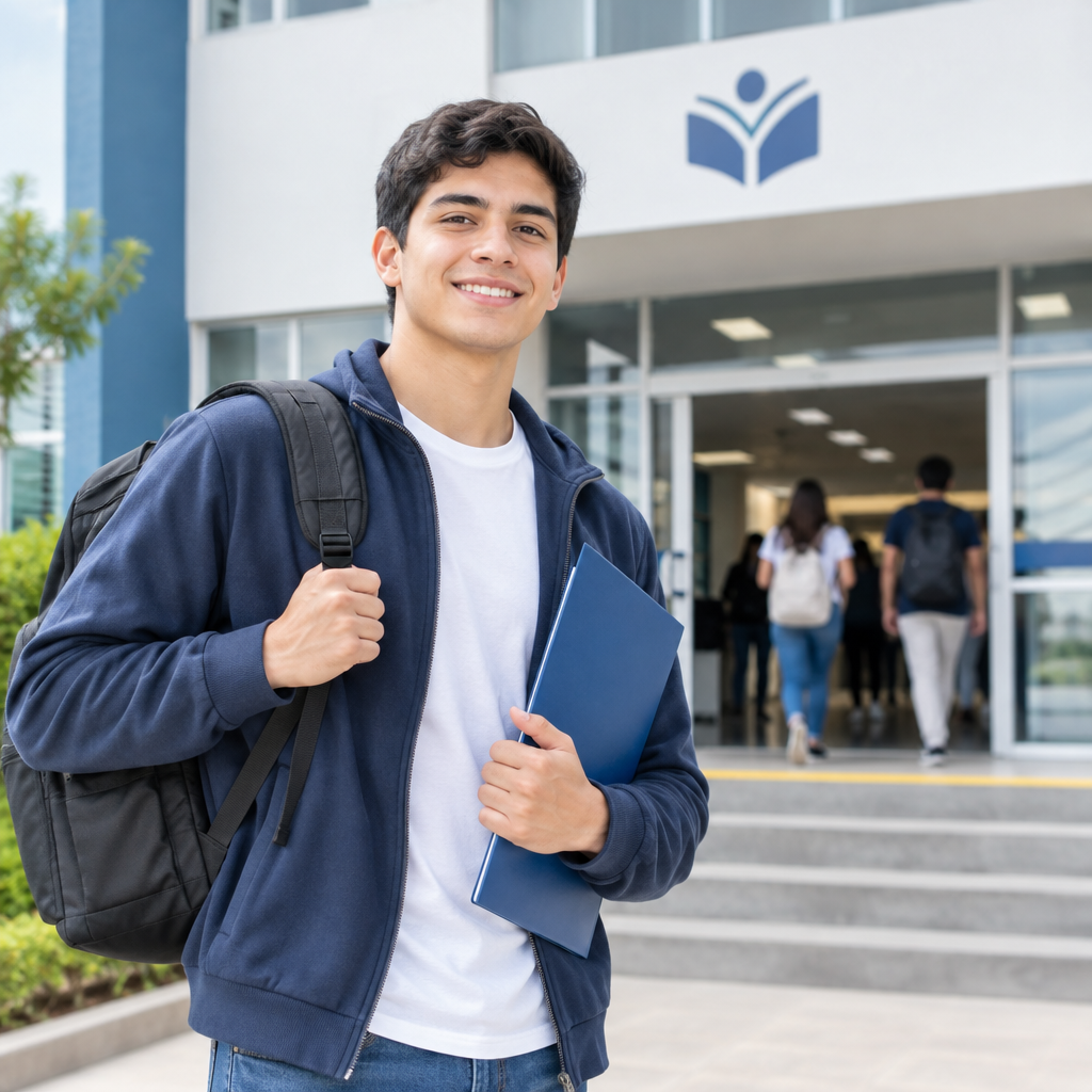 Estudiante sonriente con mochila frente a un edificio educativo sosteniendo carpeta de inscripción