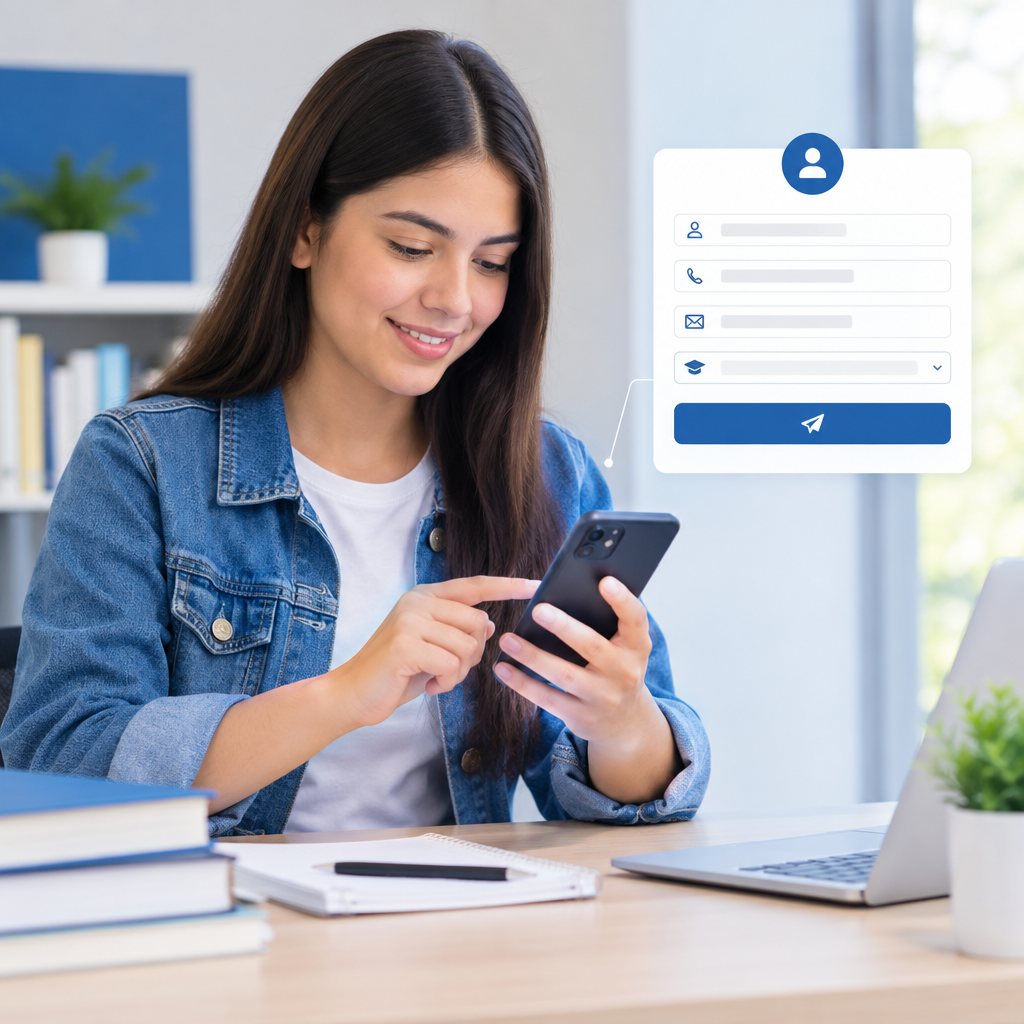 Persona completando un formulario de contacto en un teléfono móvil con ícono de mensaje