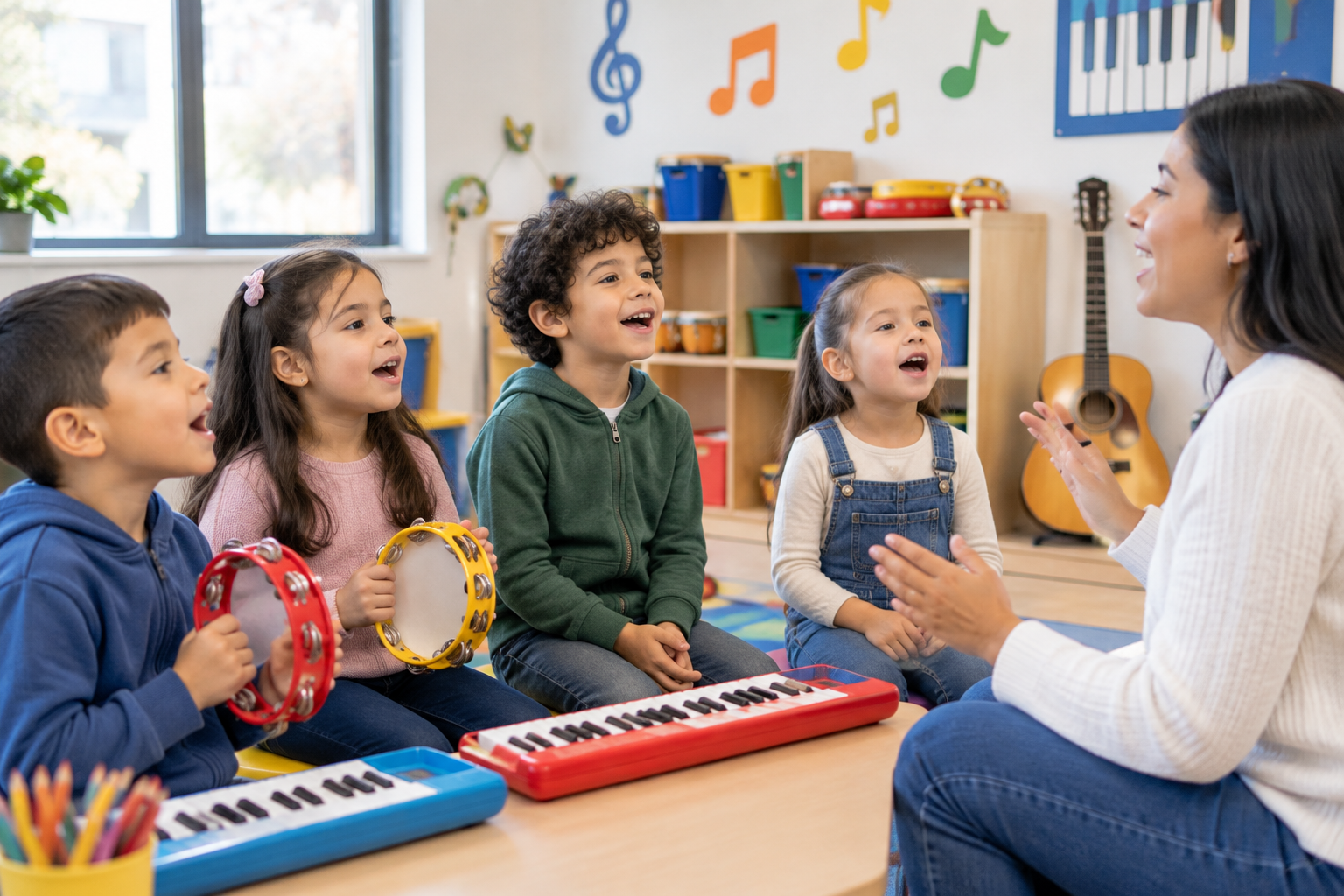 Curso de canto para niños con dinámica musical infantil, teclado y grupo de niños cantando