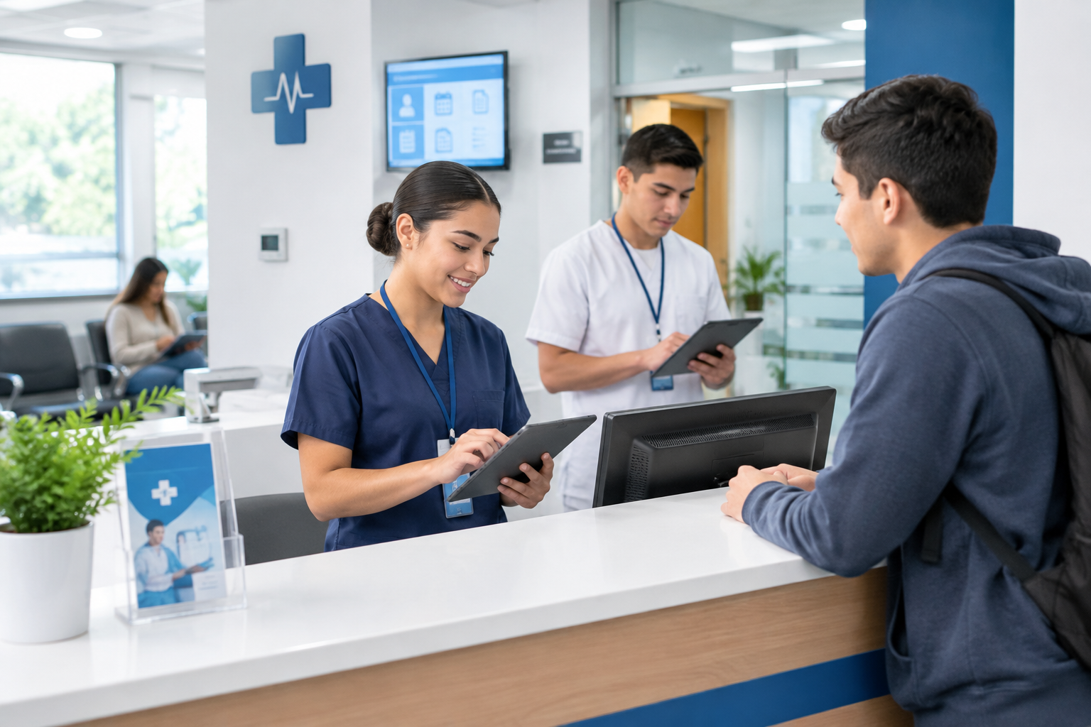 Estudiantes gestionando historias clínicas y turnos en recepción de centro médico