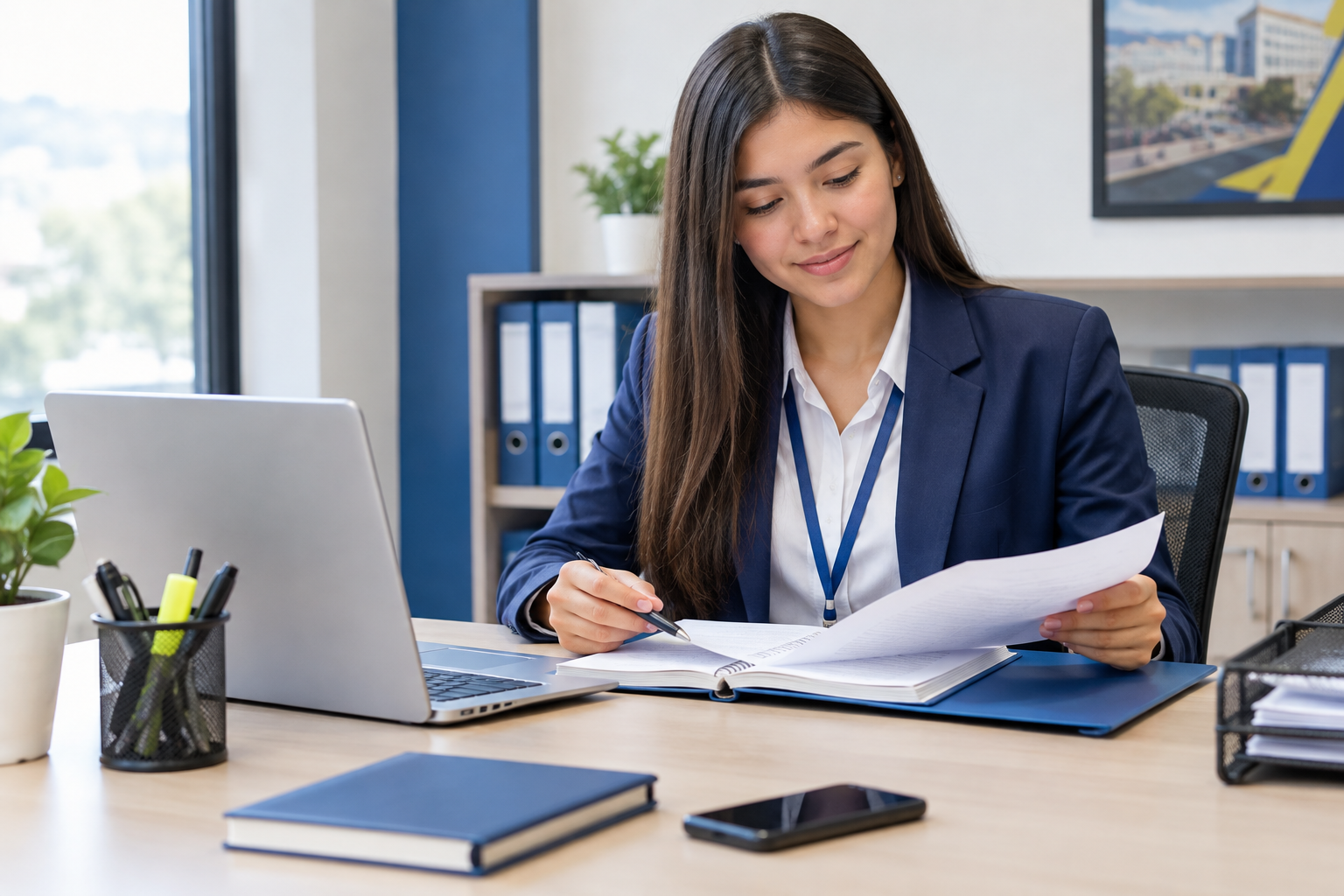 Auxiliar administrativo en práctica revisando documentación y agenda corporativa