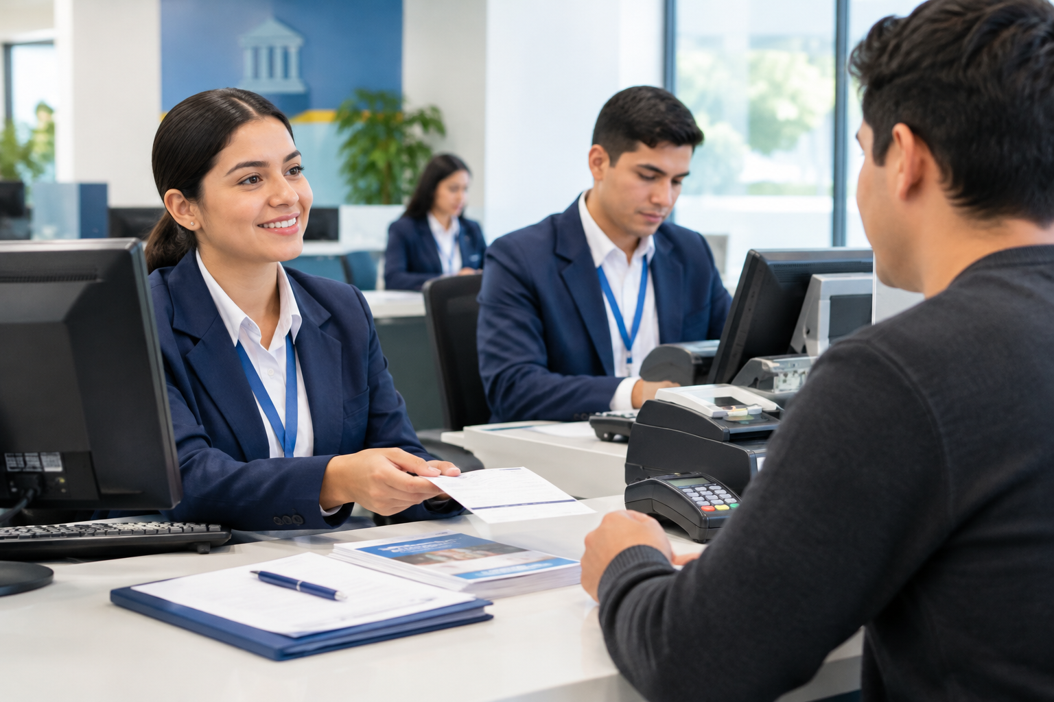 Aprendices en entorno bancario simulando atención de productos financieros
