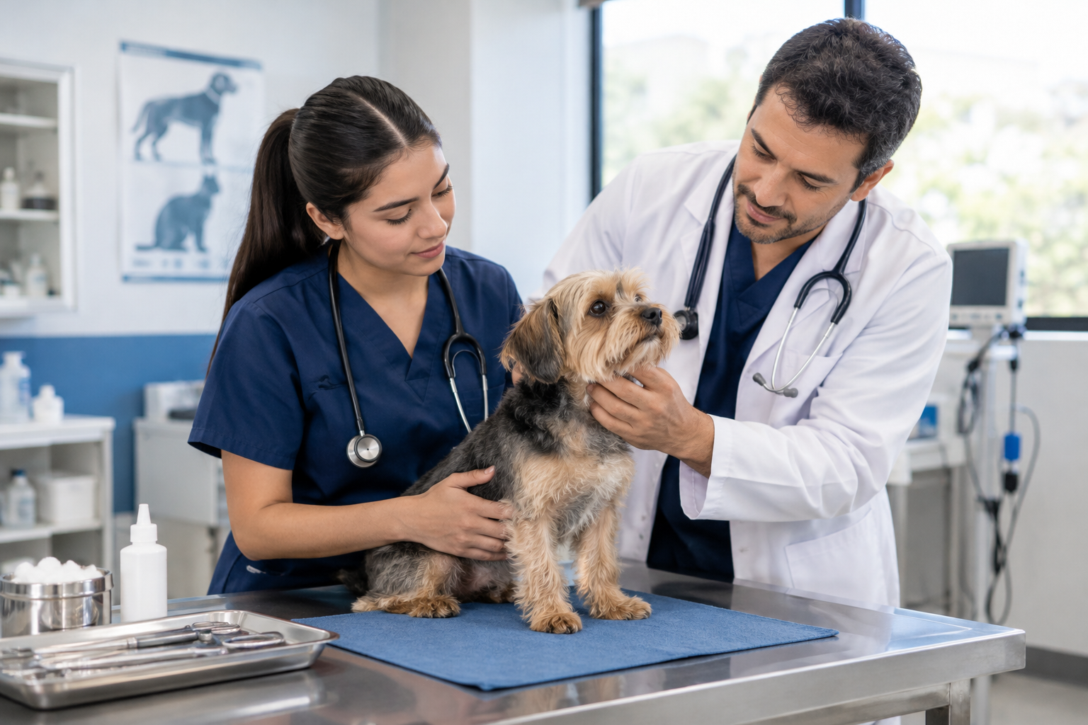 Práctica veterinaria con cachorro en mesa clínica y equipo de revisión