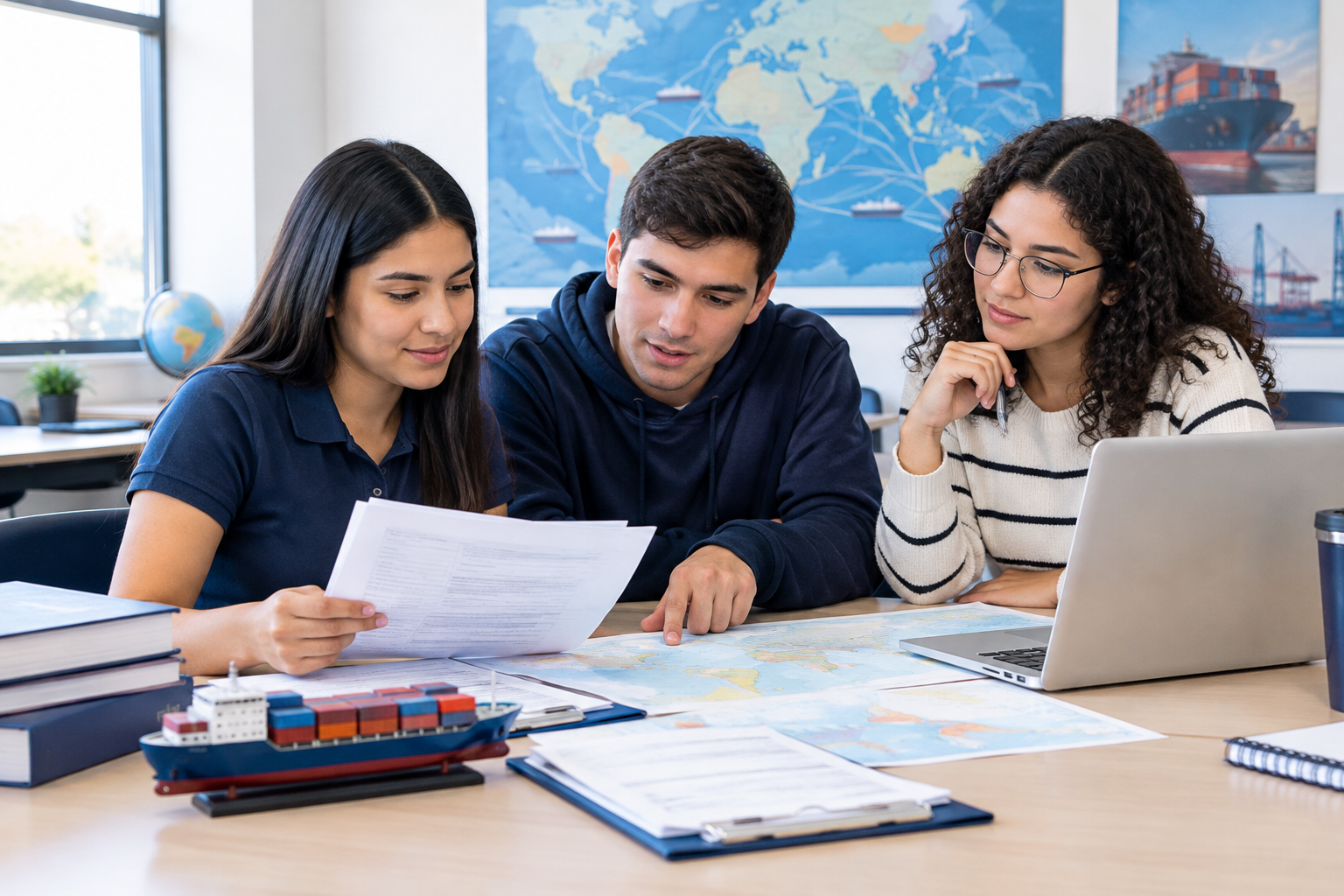 Estudiantes revisando documentos aduaneros con mapa global y carga logística