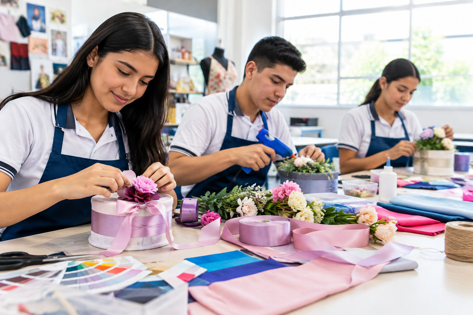 Curso de decoración y detalles con mesa creativa, cintas, flores decorativas y armado de piezas artesanales