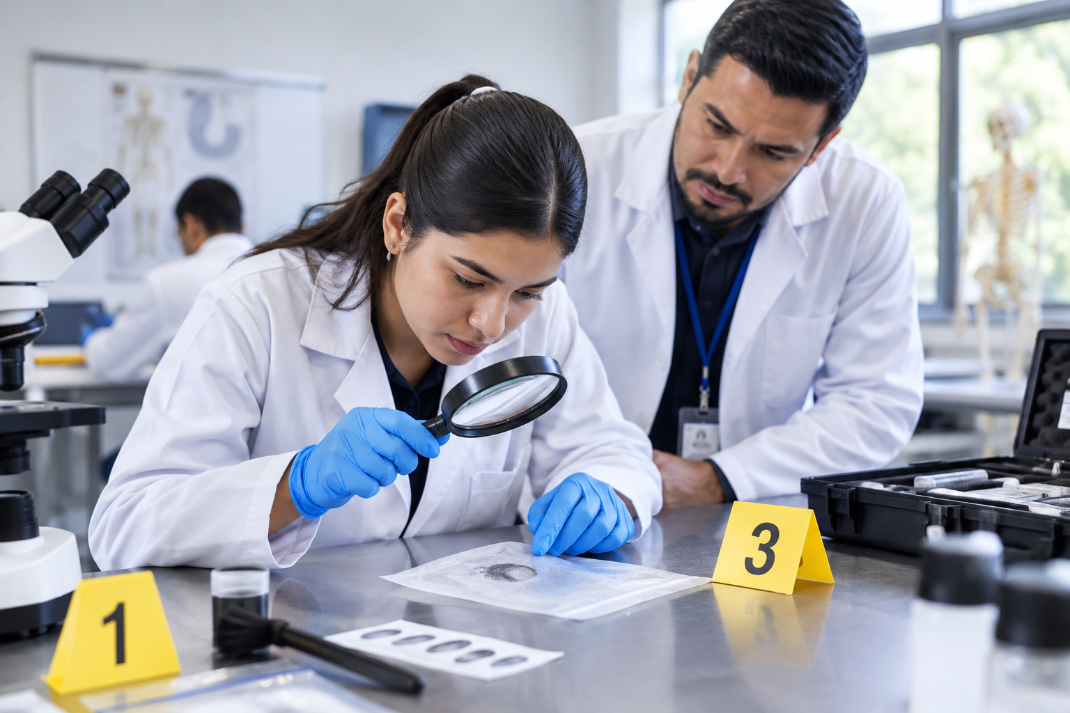 Escena de laboratorio forense académico con análisis de evidencias