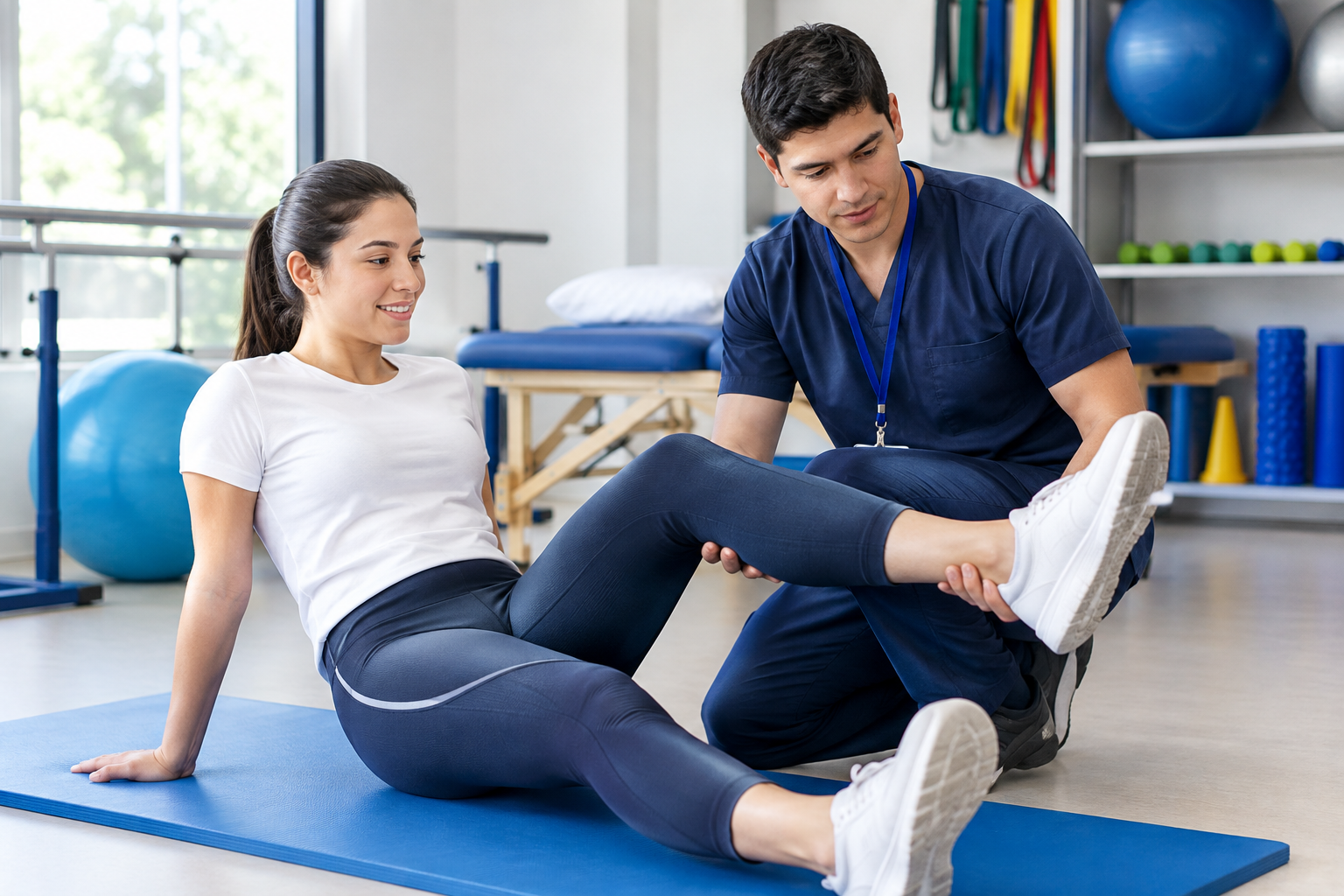 Sesión de rehabilitación física y deportiva con ejercicios asistidos
