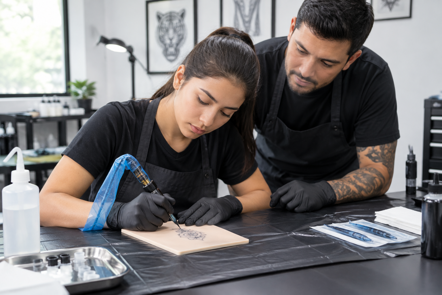 Curso de tatuaje para principiantes con estación higiénica, máquina de tatuar y práctica supervisada