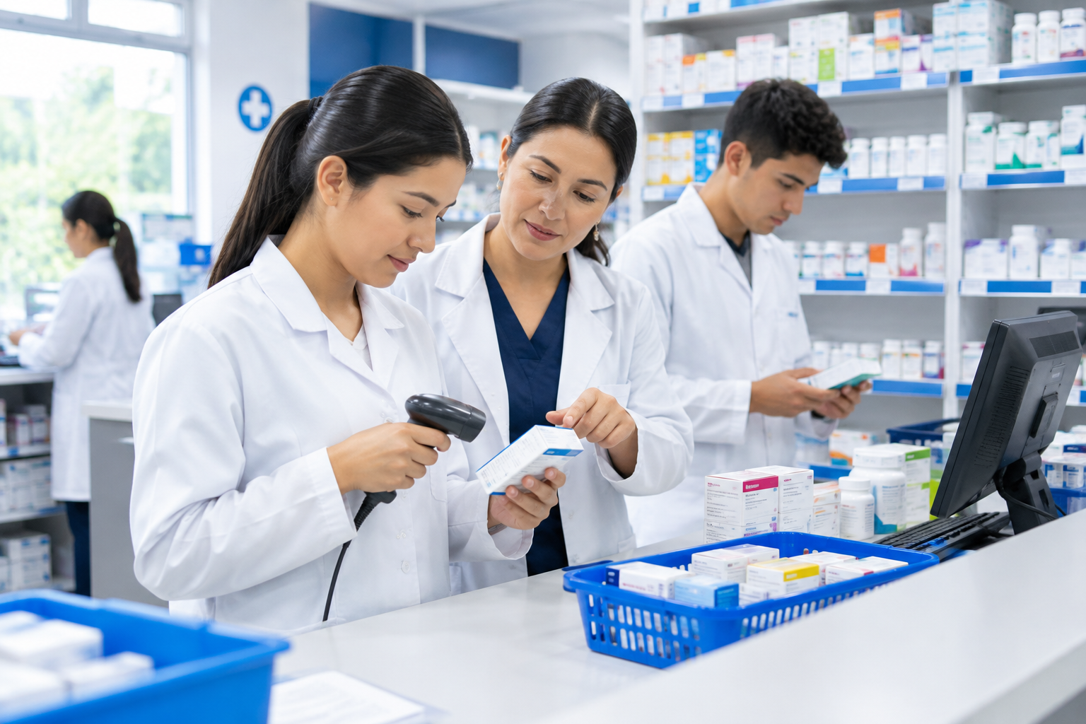 Curso de farmacia con aprendices clasificando medicamentos y leyendo etiquetas en mostrador farmacéutico