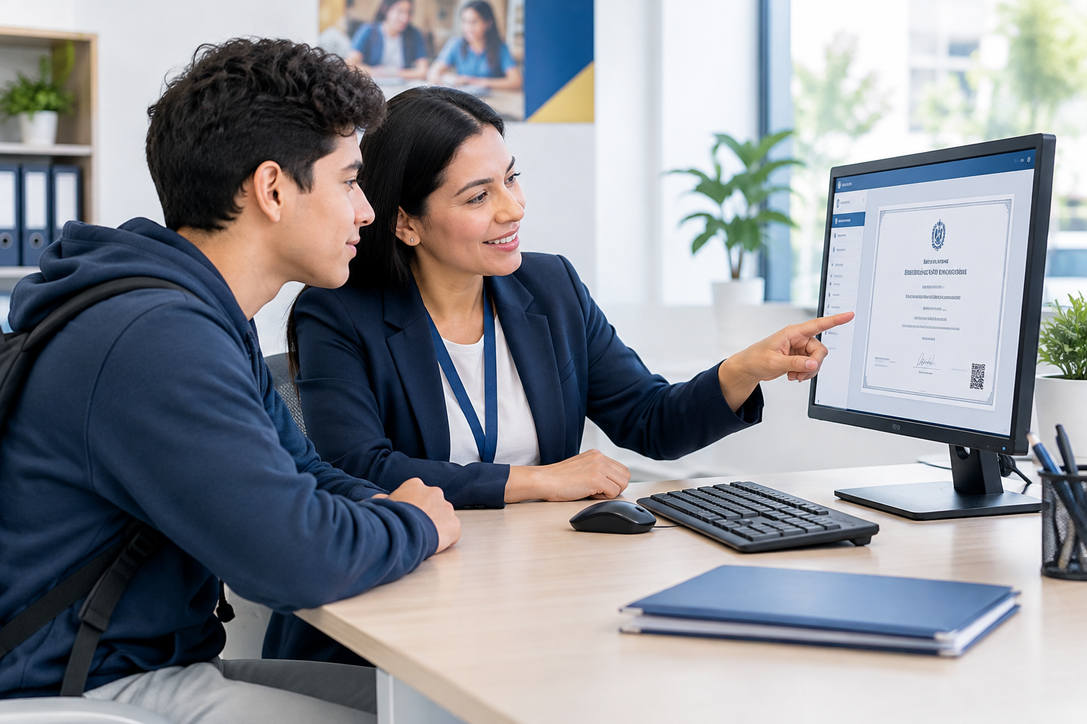 Estudiante y asesor revisando un certificado digital en computador en oficina académica moderna