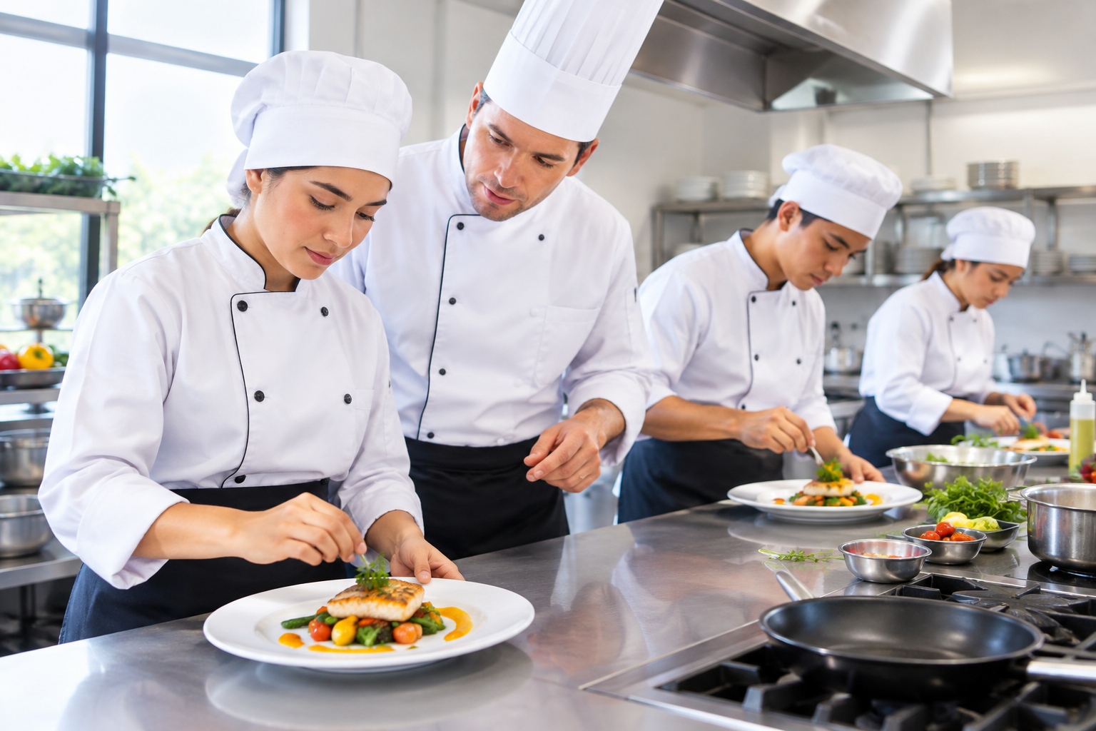 Curso de cocina internacional con estudiantes emplatando recetas en cocina de formación equipada