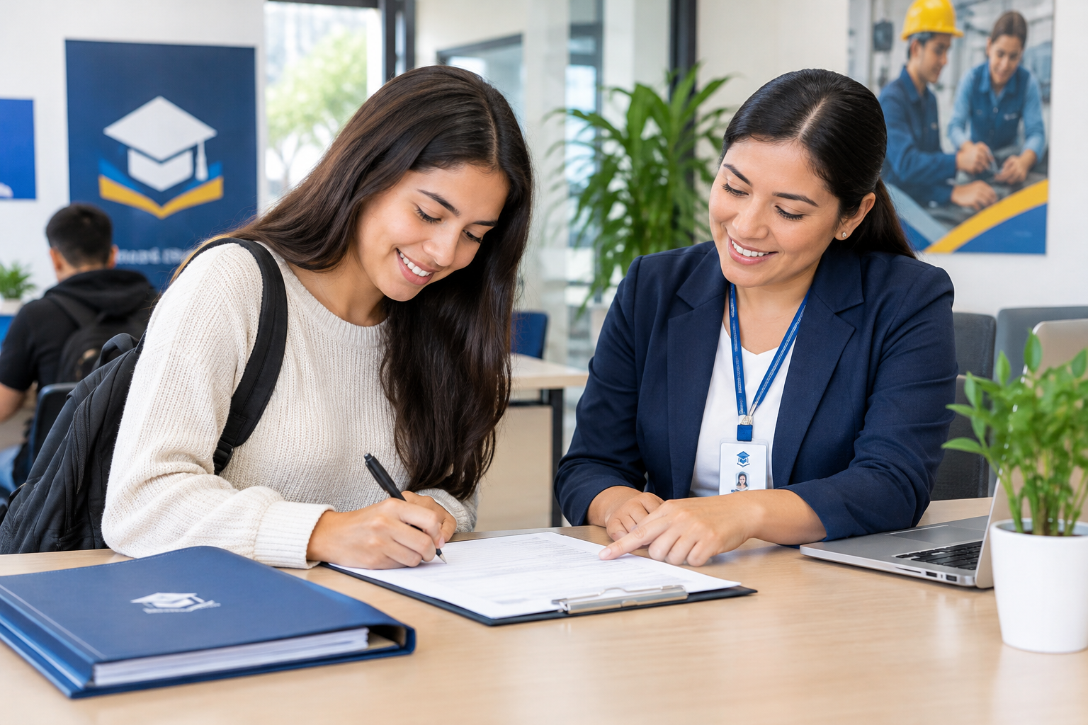 Aspirante formalizando su inscripción con personal administrativo y documentos de matrícula sobre escritorio
