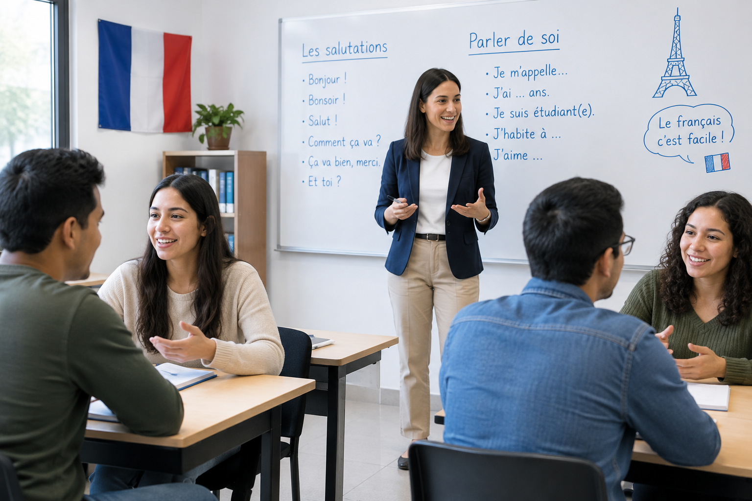 Curso de francés en 6 meses con clase conversacional, pizarra con vocabulario francés y práctica oral guiada