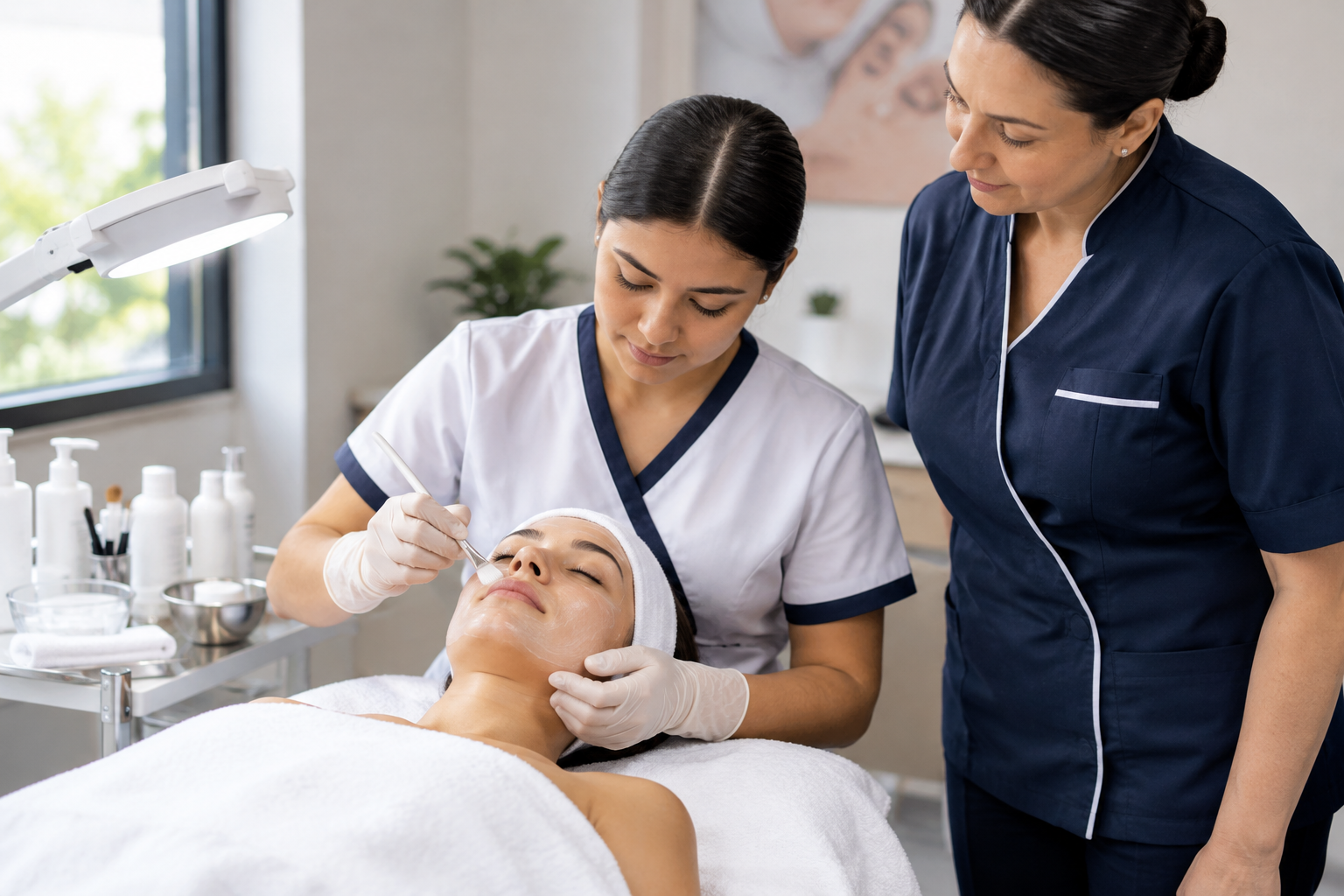 Curso de belleza y estética con práctica facial en cabina profesional y productos dermocosméticos