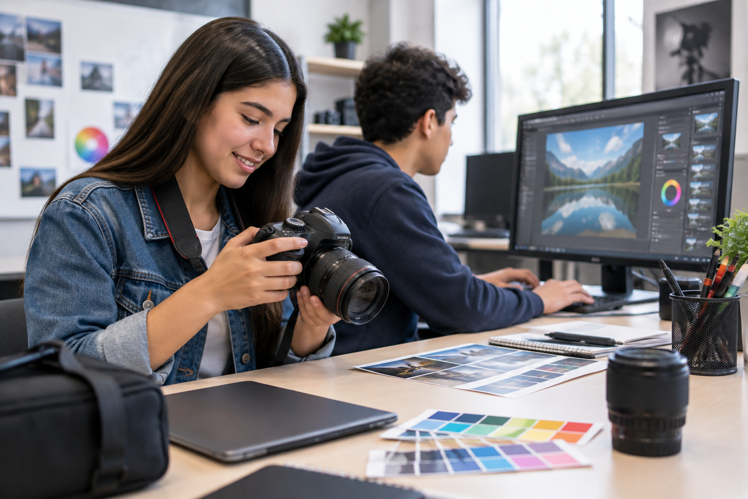 Curso de fotografía y diseño con cámara DSLR, composición de producto y edición creativa en monitor