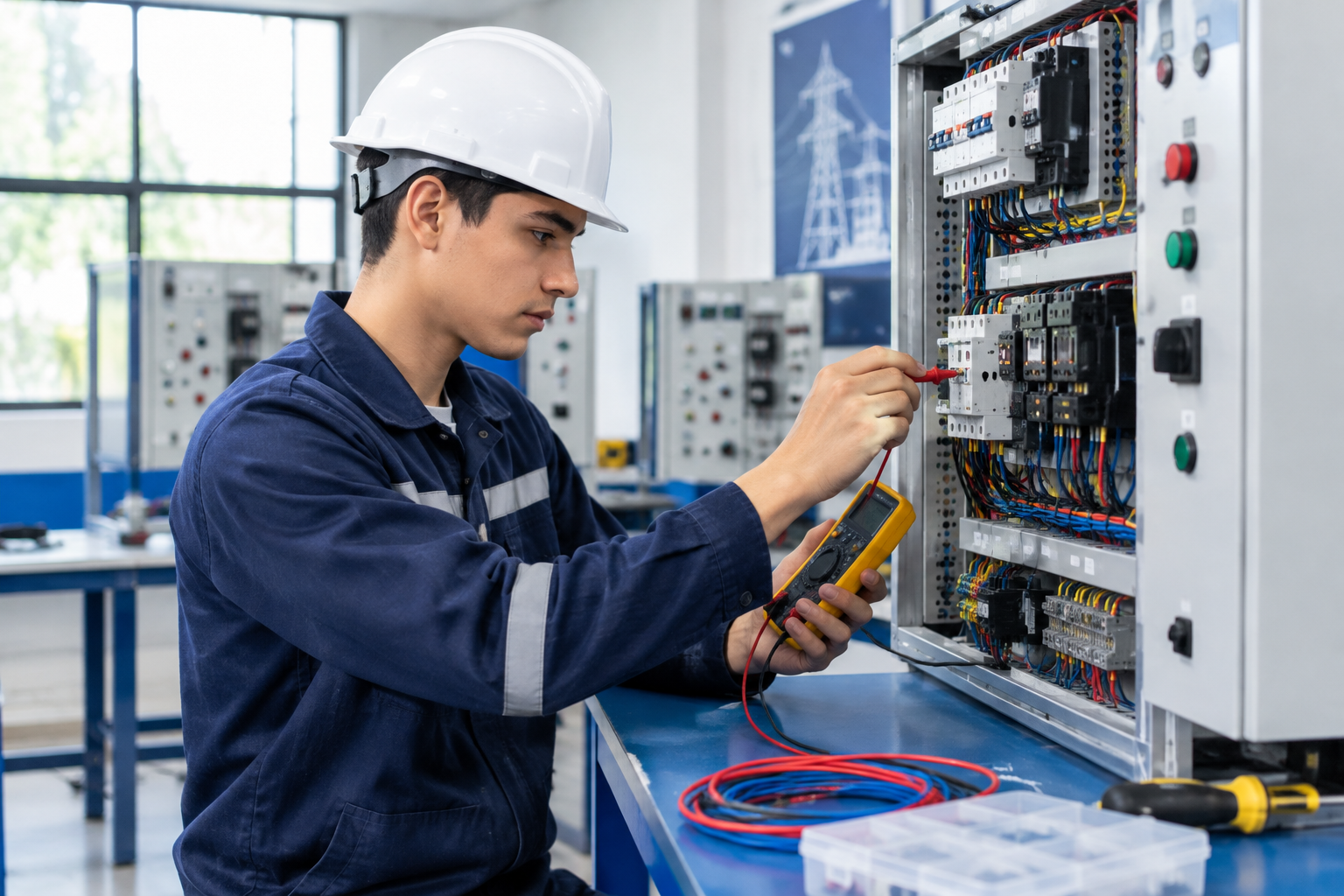 Laboratorio de electricidad industrial con tableros y mediciones técnicas