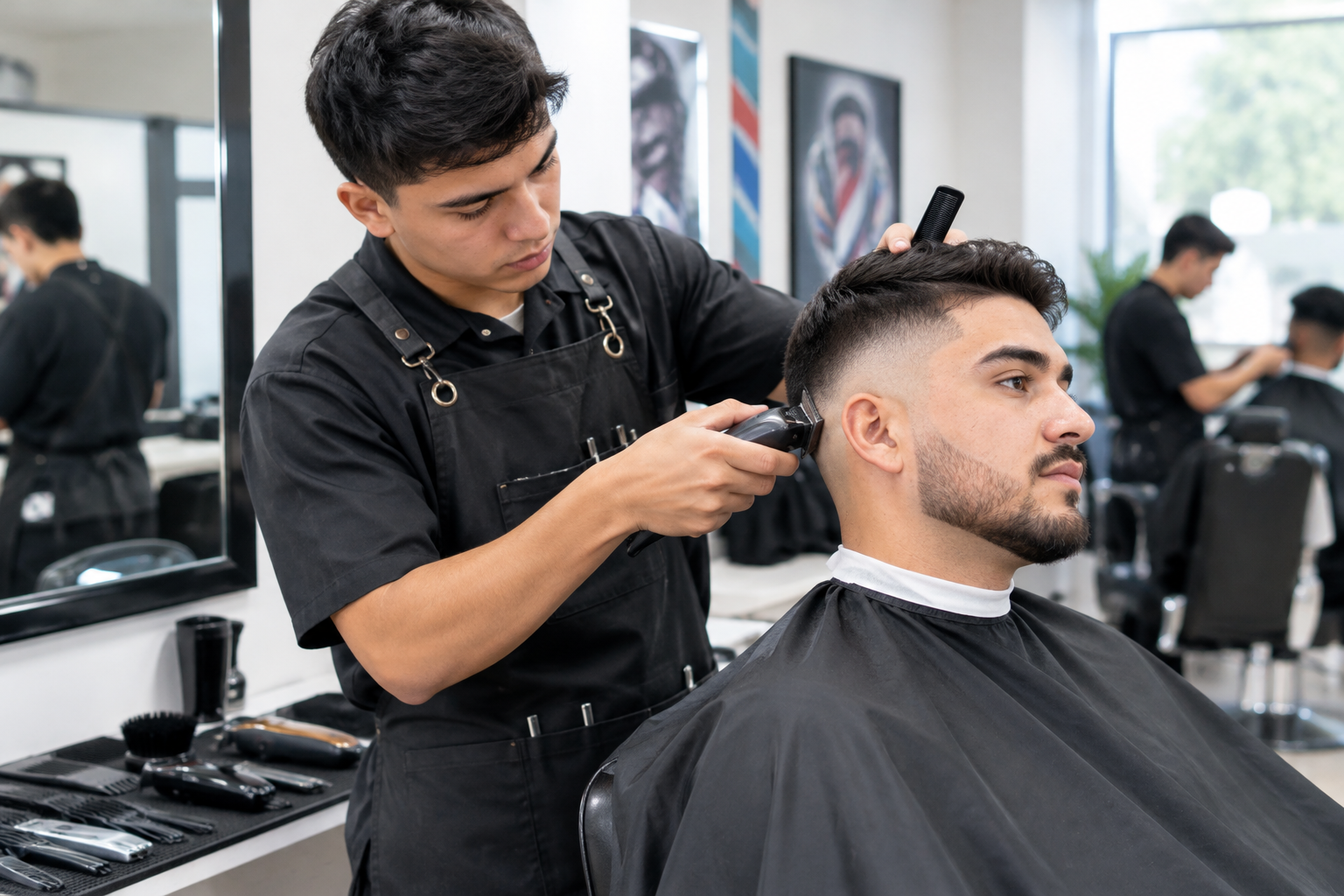 Curso de barbería con práctica de corte masculino y perfilado de barba en estación profesional