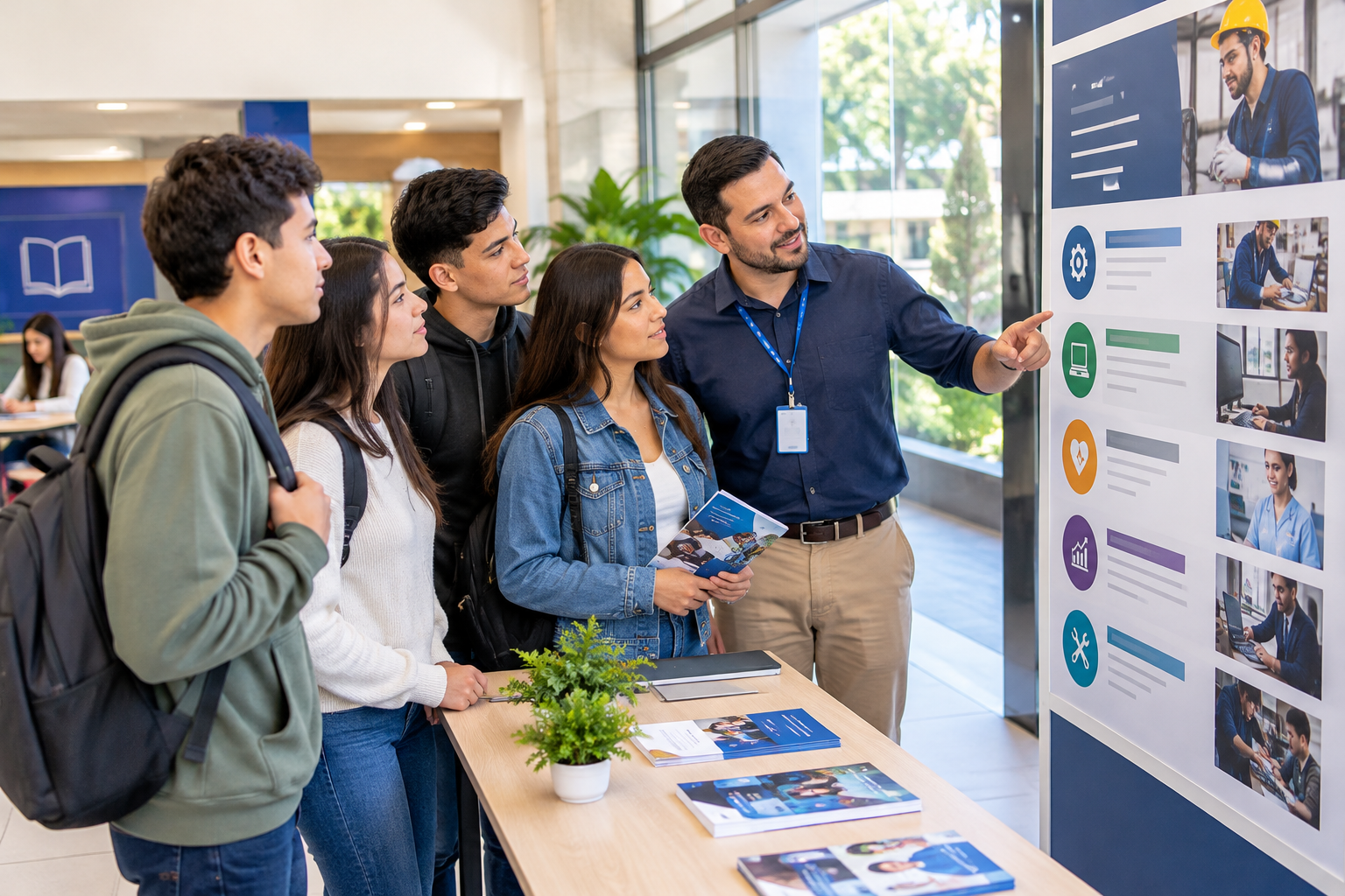 Estudiantes y docente revisando opciones de programas técnicos con material informativo en un campus moderno
