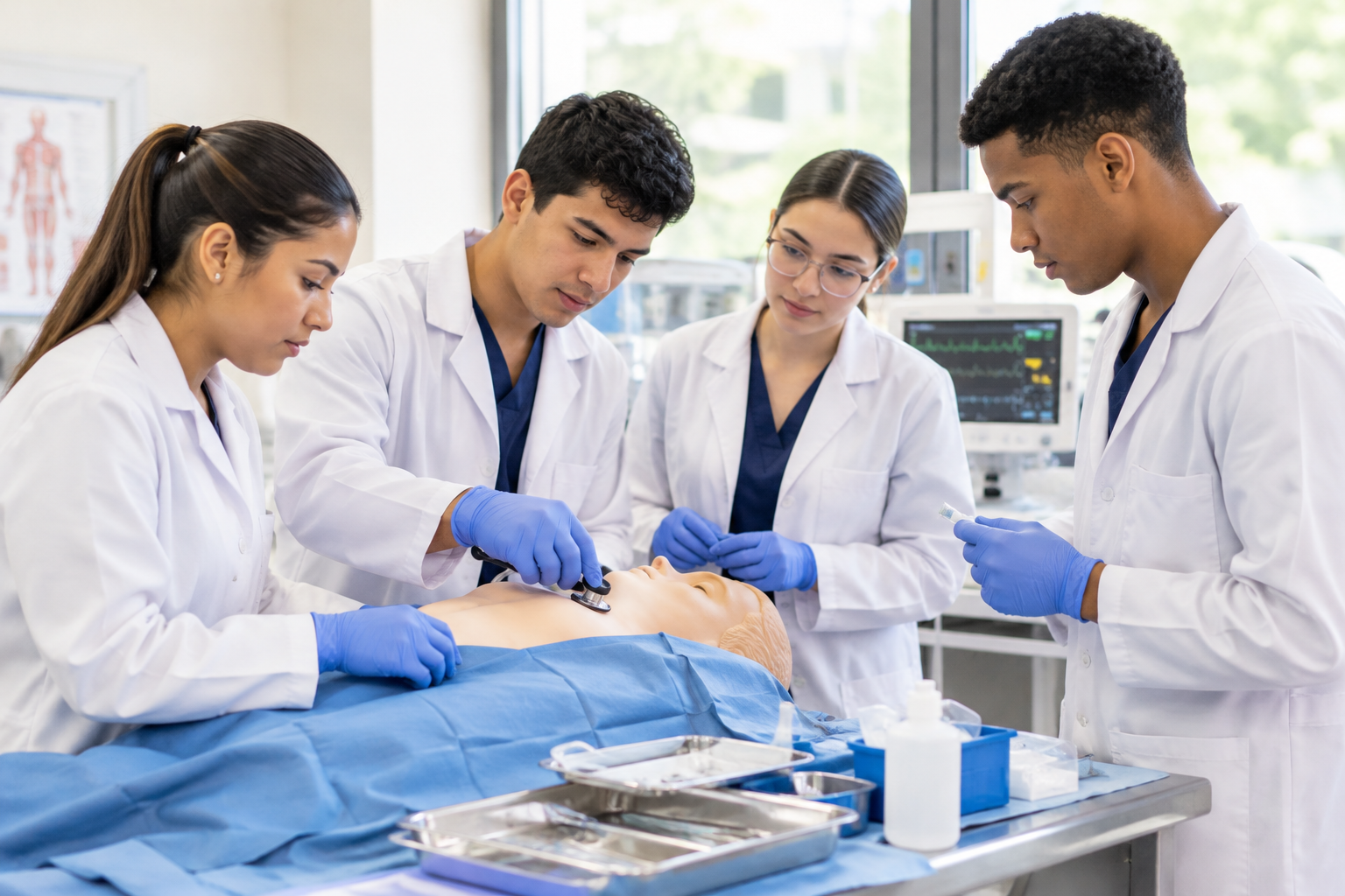 Aprendices en simulación clínica usando equipos de laboratorio y protección sanitaria