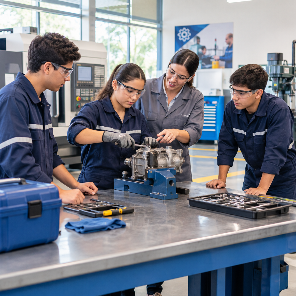 Estudiantes de formación técnica trabajando en un taller industrial con instructora guiando la práctica