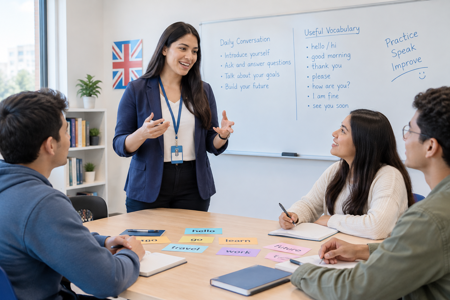 Curso de inglés en 6 meses con docente guiando conversación y ejercicios en aula bilingüe