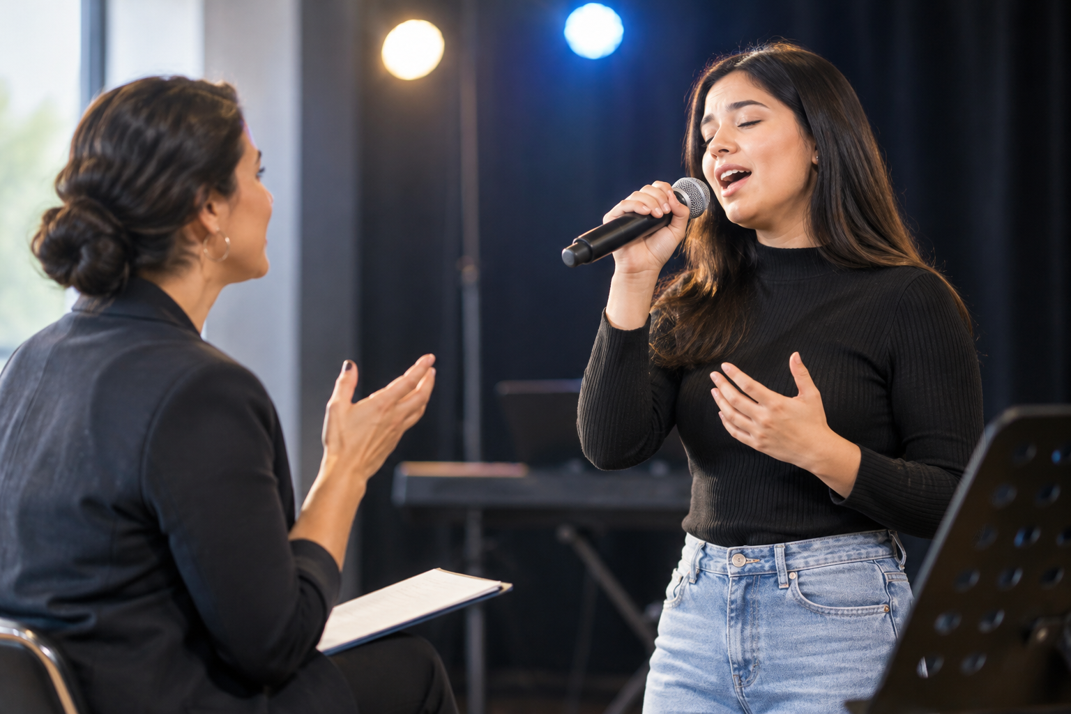 Curso de canto e interpretación con estudiante ensayando en escenario pequeño con micrófono