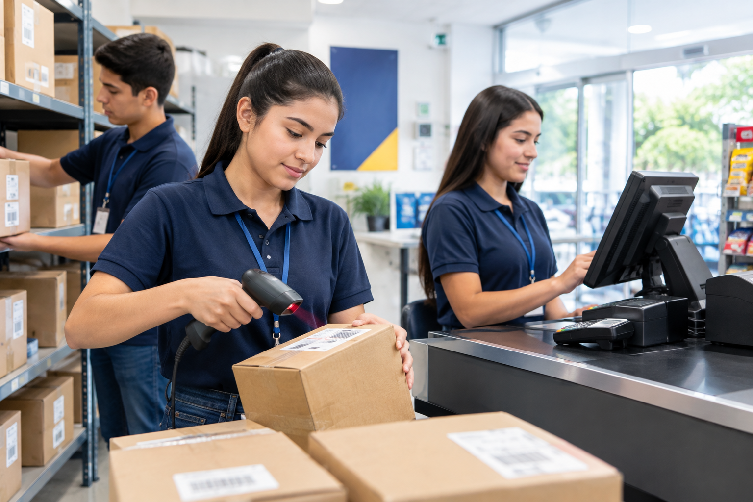 Curso de logística y caja registradora con práctica de inventario, escáner de código y cobro en punto de venta
