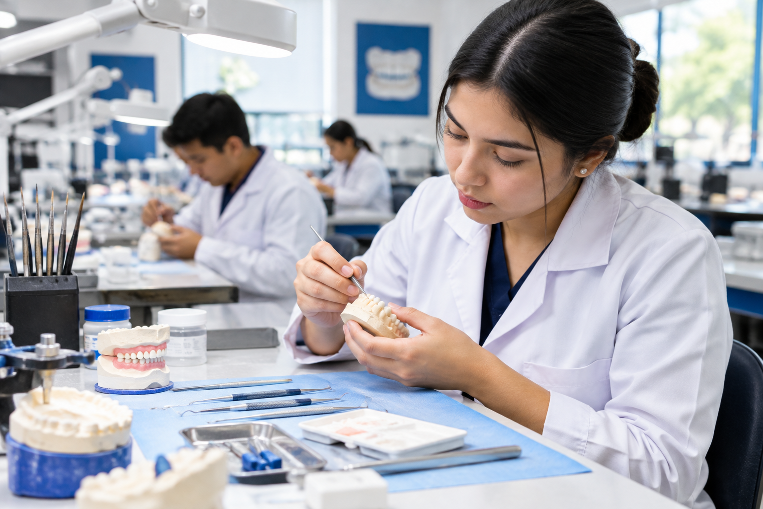 Laboratorio de mecánica dental con moldes y piezas protésicas
