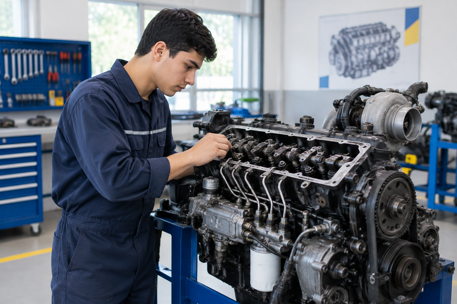 Taller mecánico con motor diésel desmontado para práctica técnica