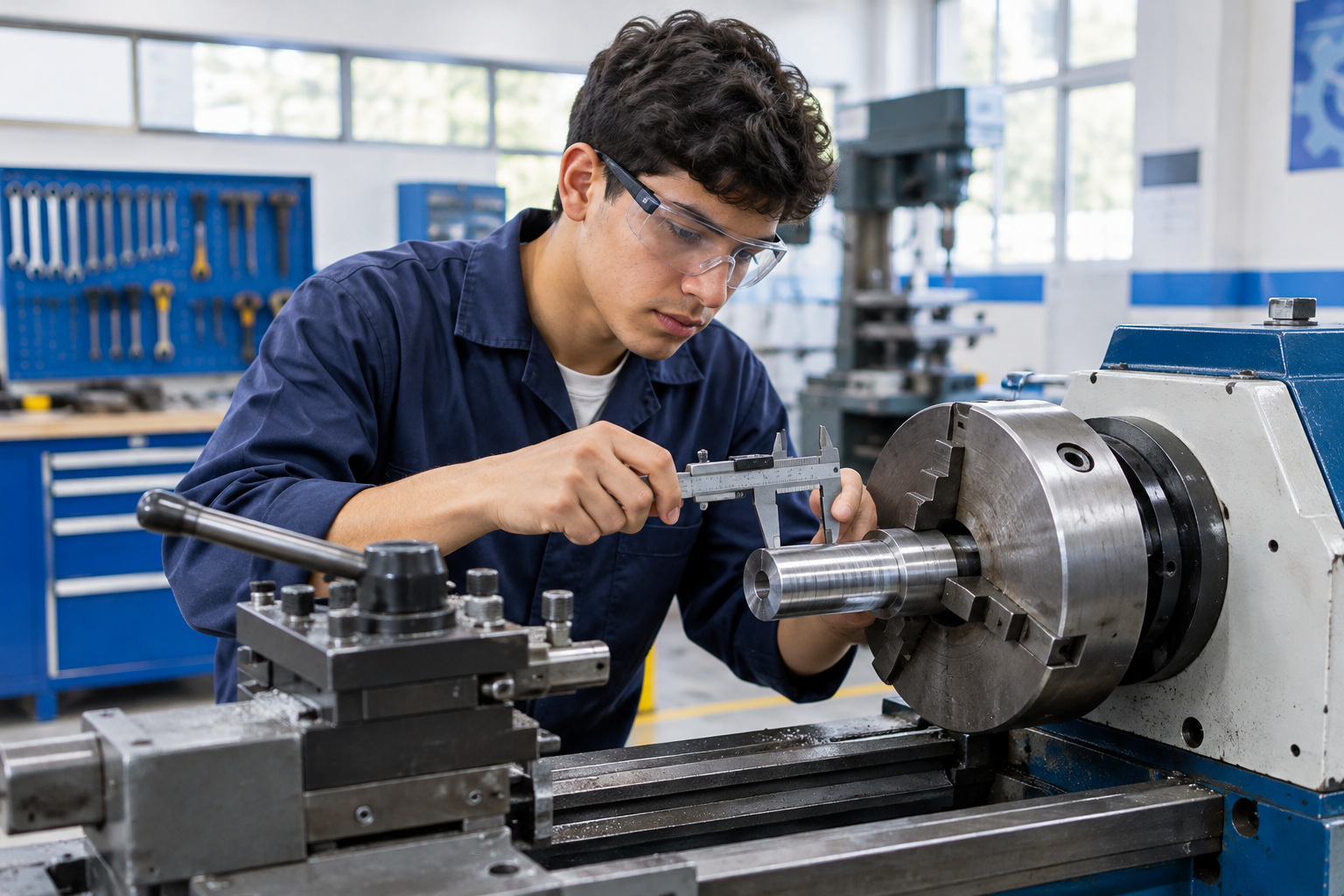 Práctica de mecánica industrial con torno y herramientas de precisión