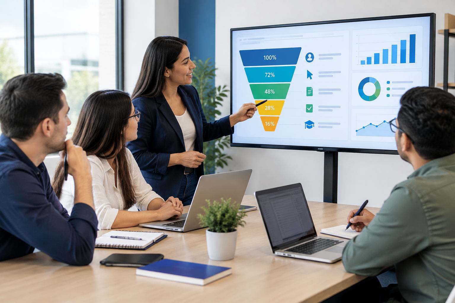Equipo de mercadeo analizando campaña comercial y resultados de ventas