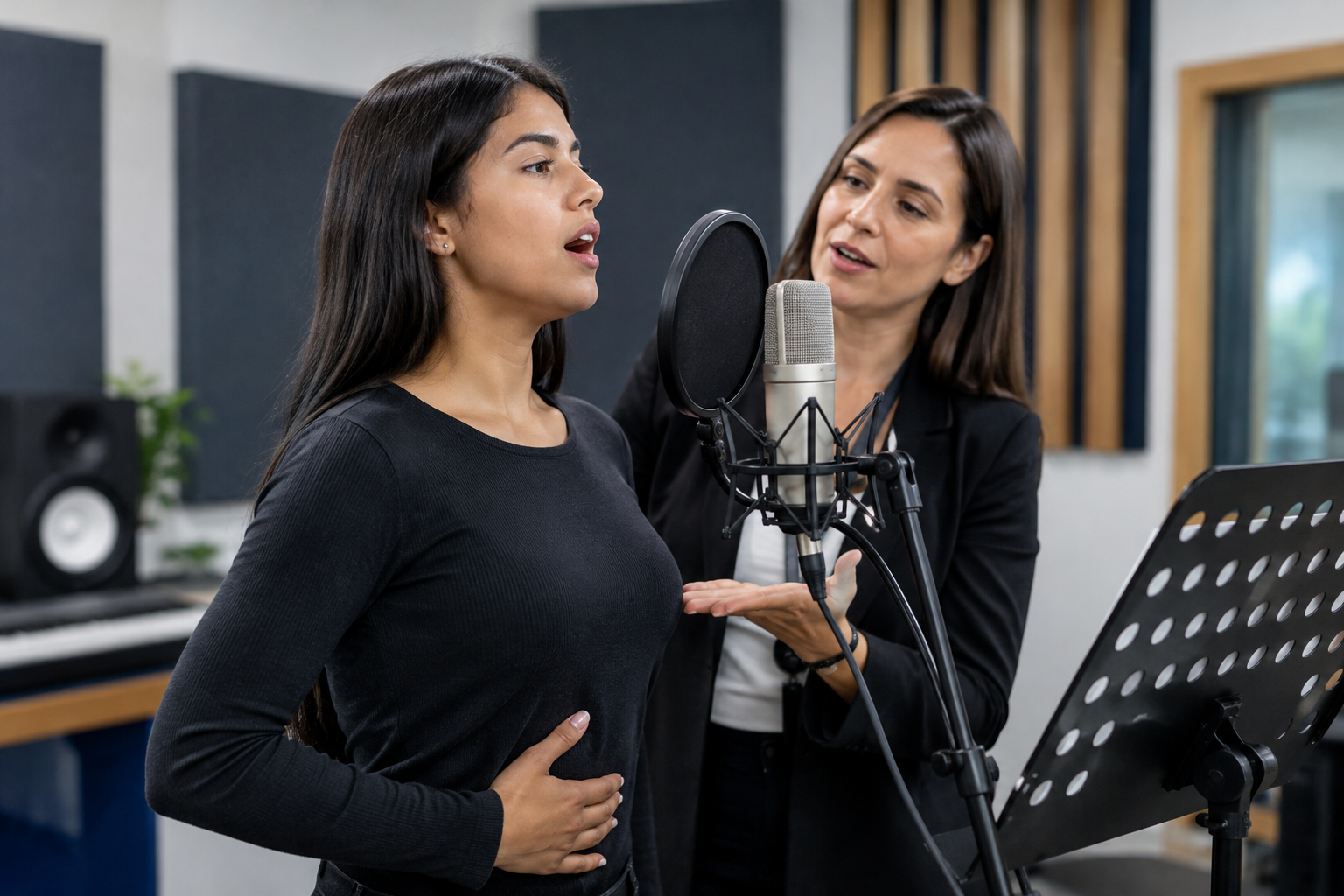Curso de técnica vocal con estudiante haciendo ejercicios de respiración frente a micrófono en estudio
