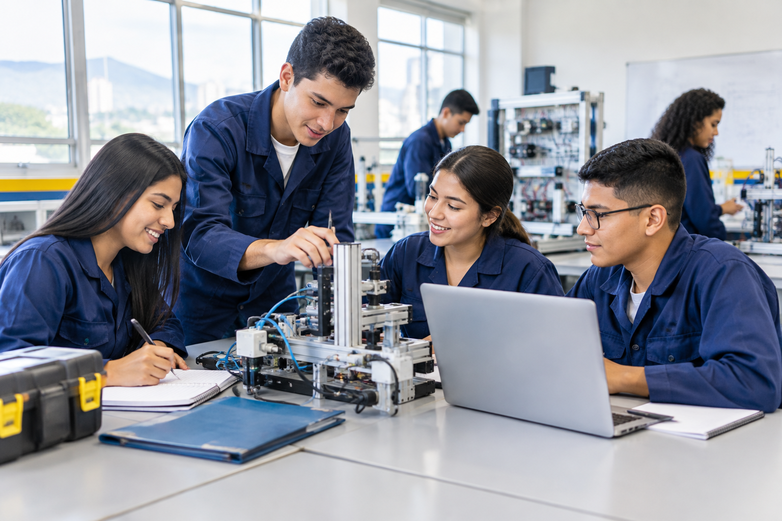 Grupo de estudiantes en un aula técnica moderna trabajando con equipos y materiales de práctica