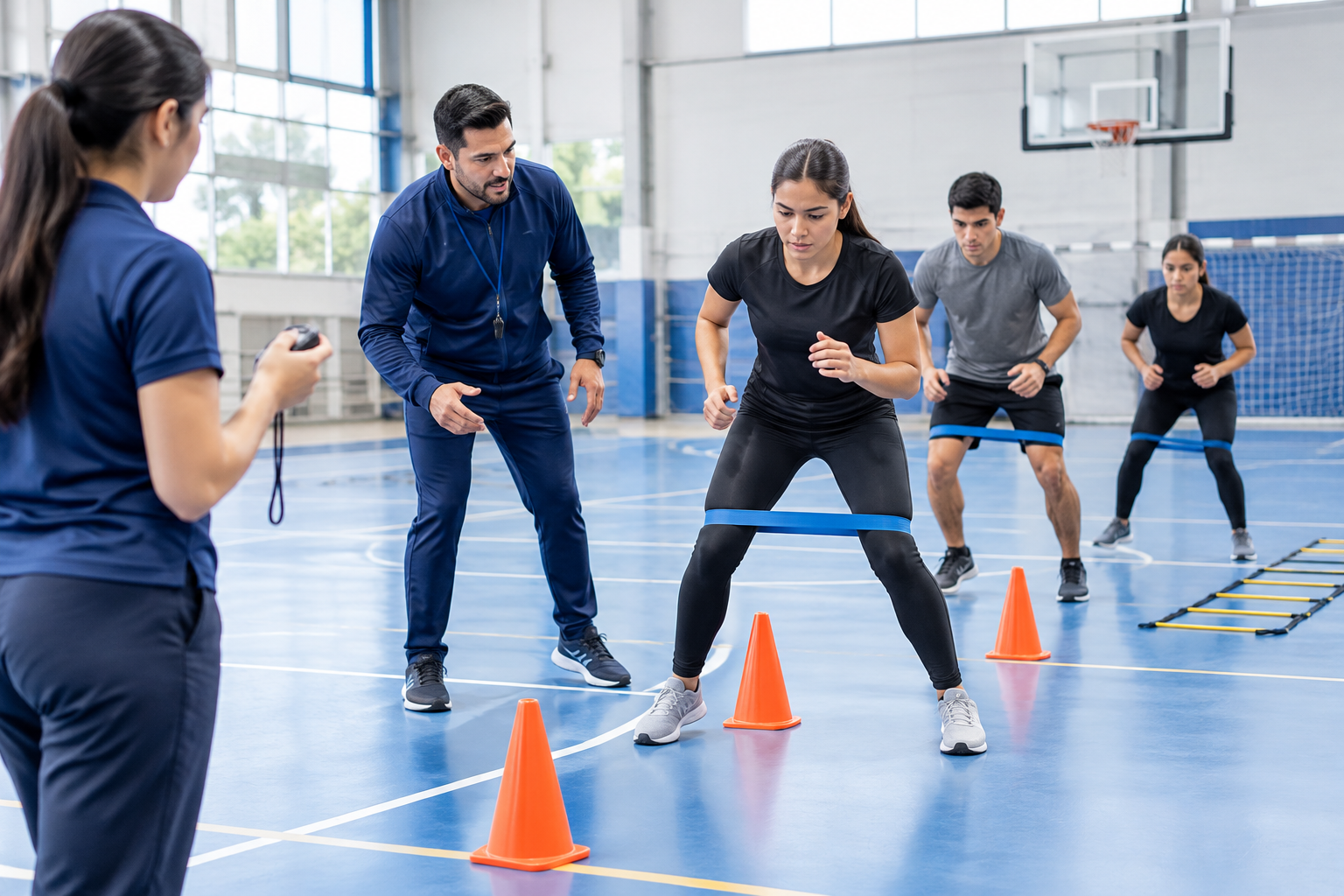 Curso de entrenamiento deportivo con instructor guiando técnica funcional en cancha con conos y cronómetro