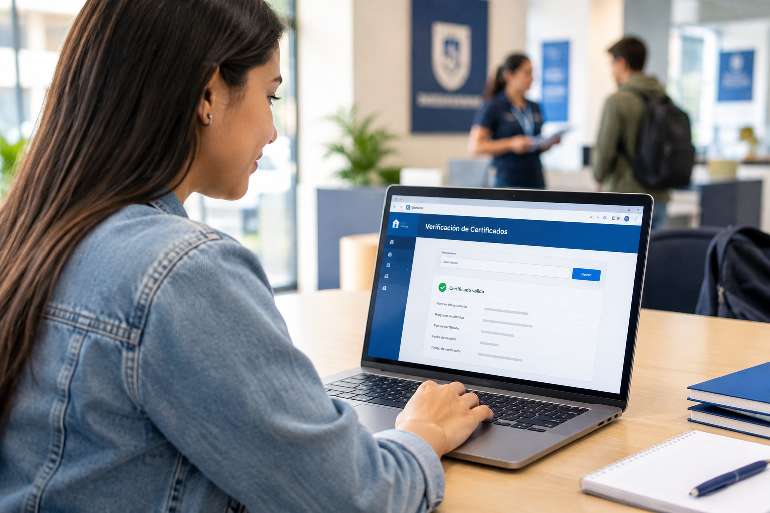 Estudiante consultando en línea su certificación y estado académico en portal institucional