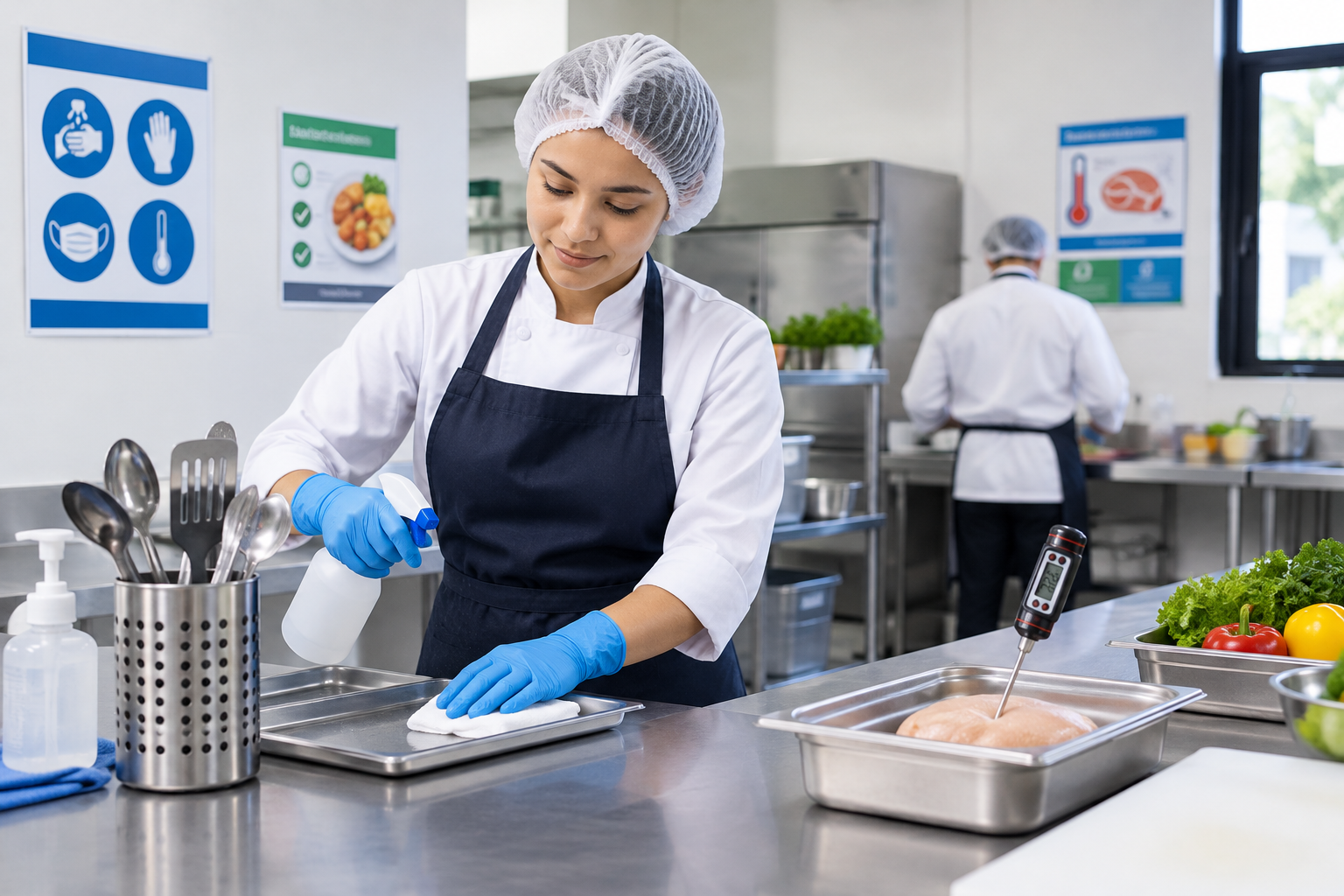 Curso de manipulación de alimentos con prácticas de higiene, guantes, gorro y control sanitario en cocina